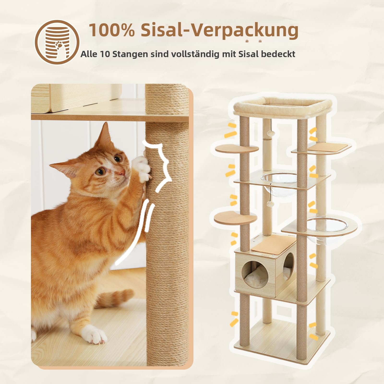 PETEPELA Árbol rascador para gatos grandes, 181 cm, madera multietapa, con gran cueva, hamaca grande y más columna para rascar, color beige