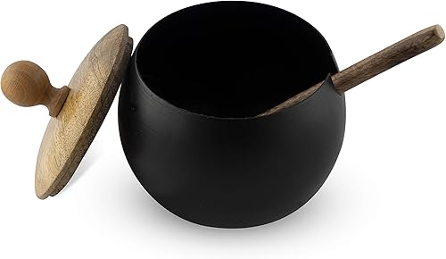 Miniatura 4 de GoCraft Juego de azucarero y crema | Jarra y cuenco de hierro negro mate con tapa y cuchara de madera para café y azúcar, espuma de leche para