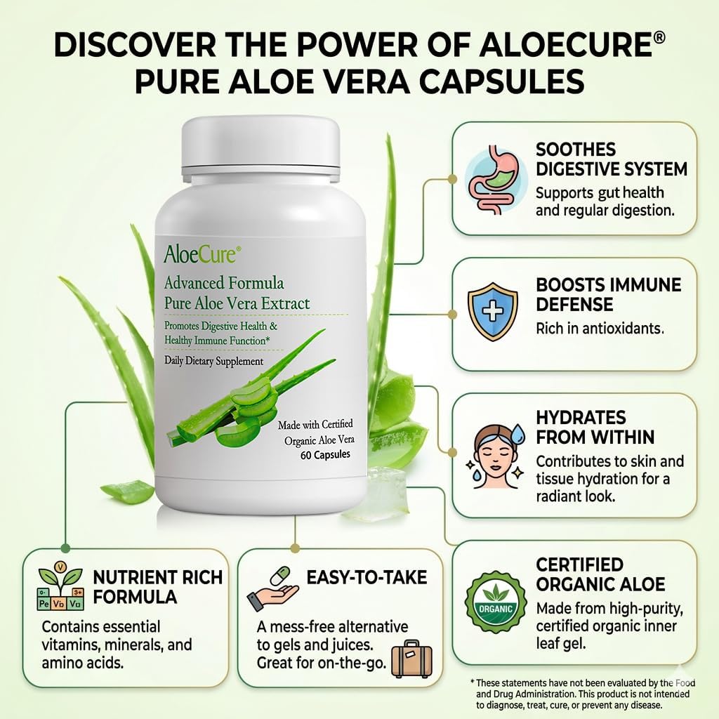 Aloe Vera Capsules for Gut Health & Digestive Comfort 60ct x 12btl | Vegan, non-GMO inner leaf extract, made with organic aloe vera. Aloin Free stomach acid buffer that supports Digestive Health