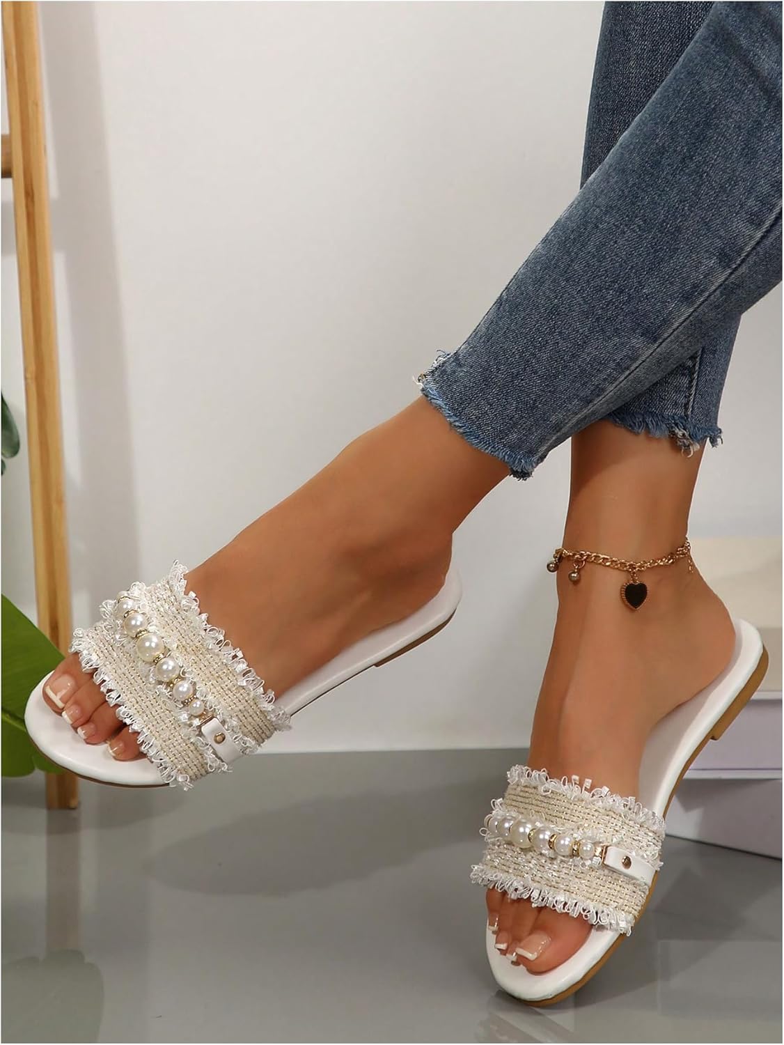 BEAUDRM Women's Pearls Chain Flat Sandals Dressy Open Toe Slip On Flats Summer Casual Outdoor Slide Sandals - Image 2