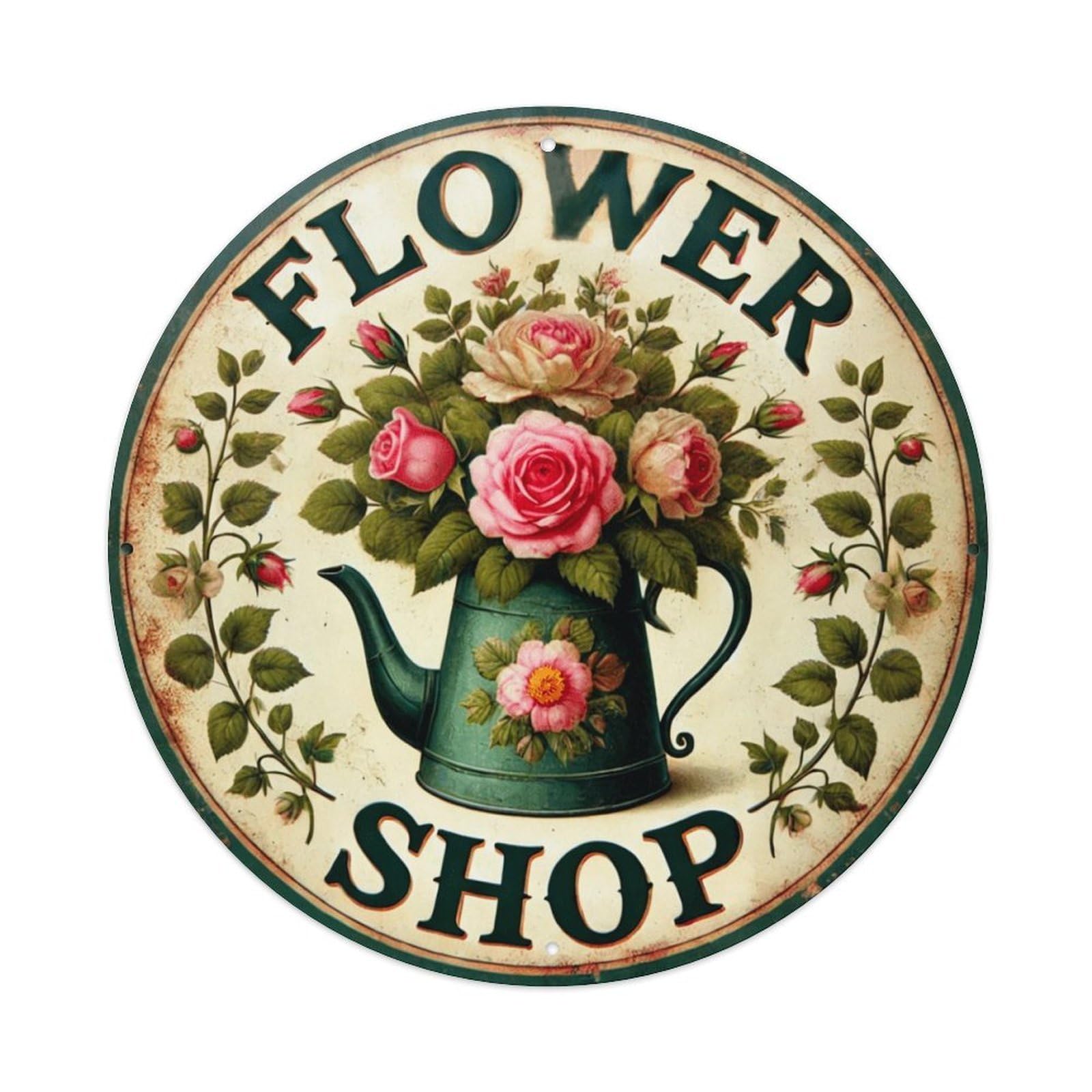Flower Shop Sign Pattern Print Vintage Round Tin Sign Retro Metal Wall Decor Metal Poster, Home Bar Garage Cafe Wall Art Decoration 8x8Inches