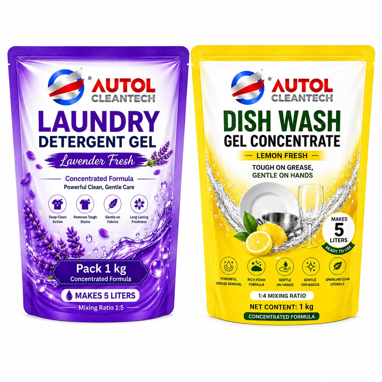 CLEANTECH Home Cleaning Combo, Laundry Detergent Gel Concentrate Lavender Fresh + Dish Wash Gel Concentrate Lemon Fresh, 1 kg + 1 kg, Makes 5 Litres Each-image-15
