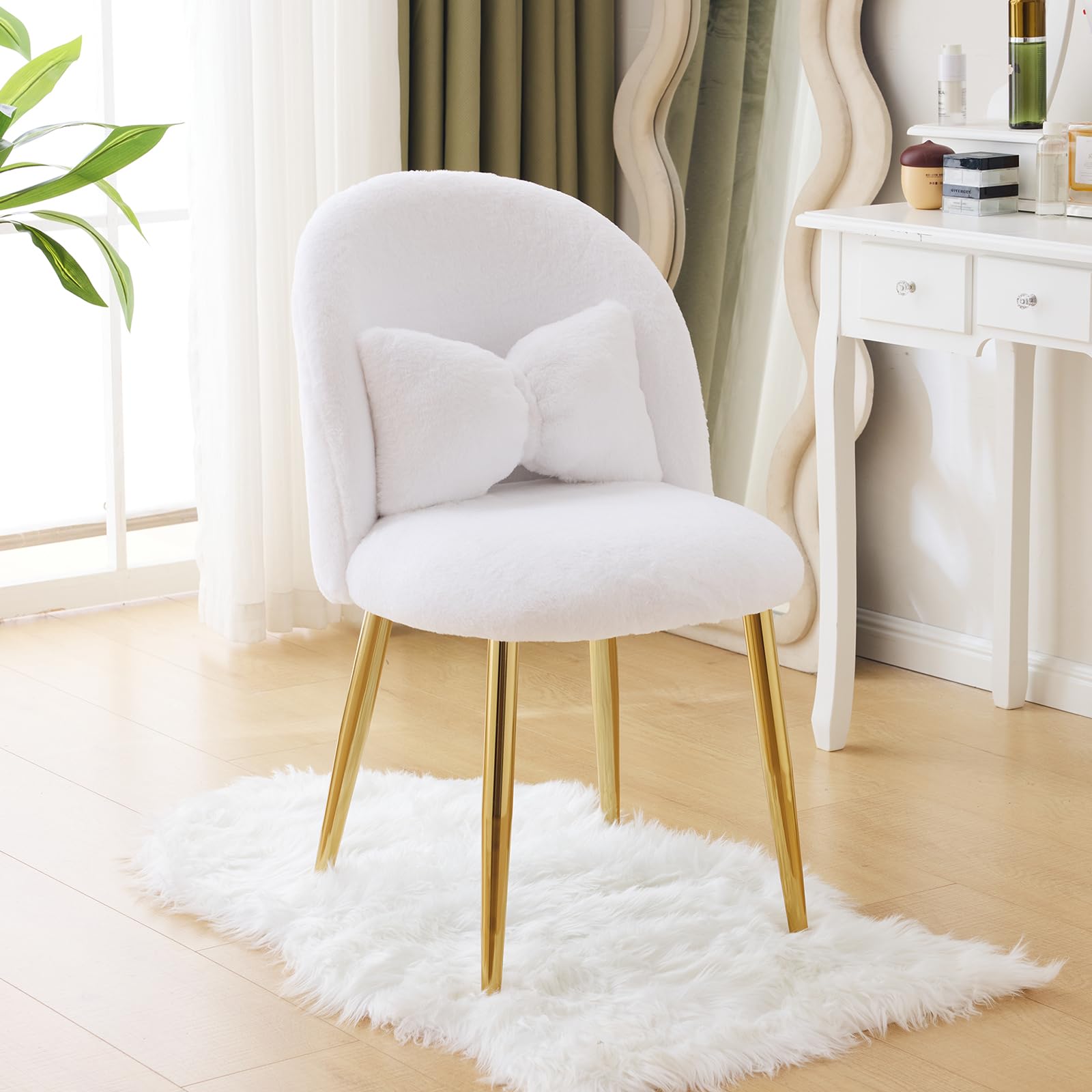 Bonnlo Poltrona Relax, Sedia da toeletta, Poltrona con Cuscino Nodo, Schienale Curvo senza Braccioli, per Soggiorno, Ufficio, Camera da letto, Peluche Coniglio, Bianco, 55 x 48 x 78,5 cm