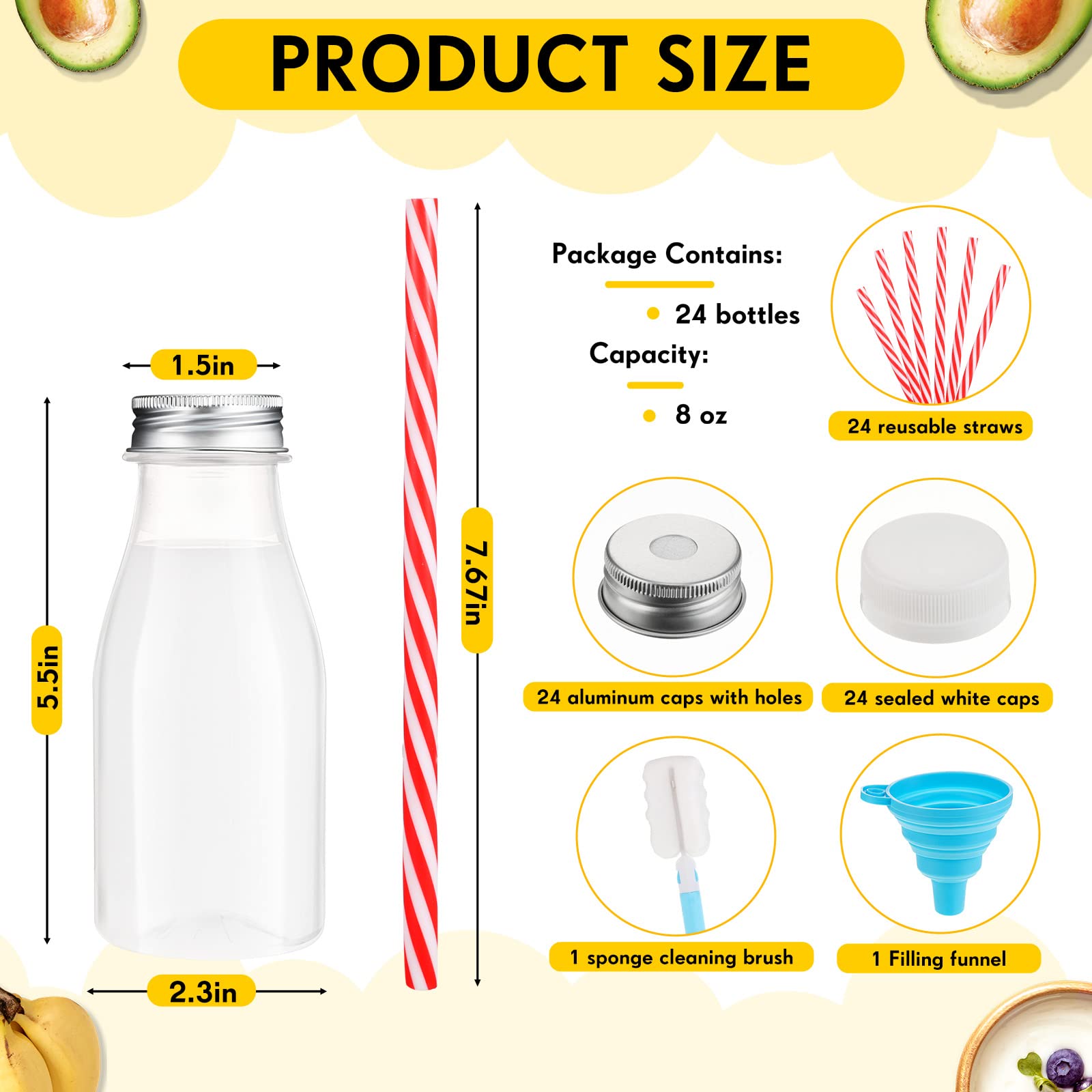Irenare 24 Sets Plastic Milk Bottles with Straws Silver Metal Lids and White Plastic Caps, Reusable Plastic Bottle for Dairy Milk, Party Bottle for Milk Juices Shakes Smoothies, Heat Resistant (8 oz)