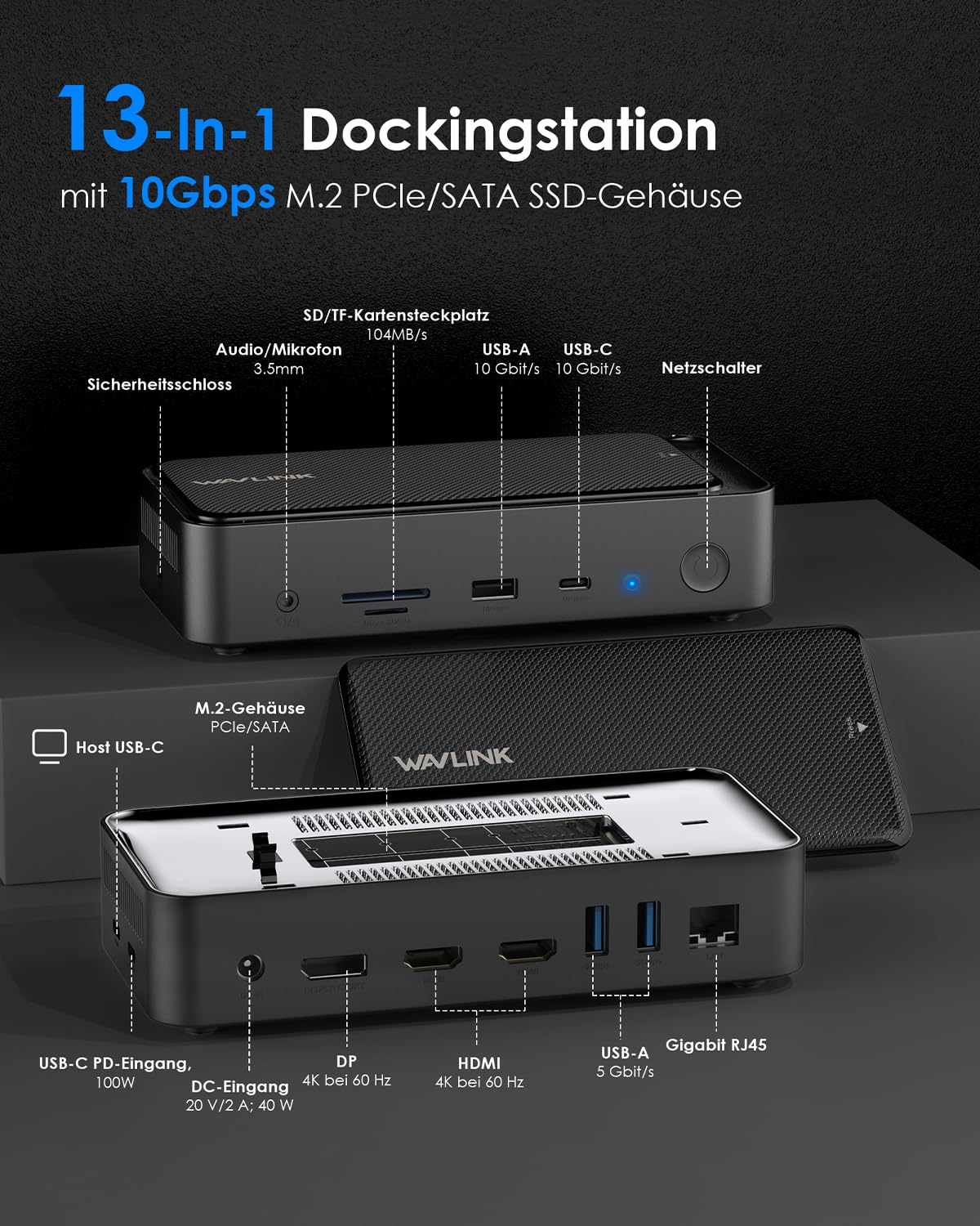 WAVLINK 12-in-1 Docking Station Dreifach-Display (3 * 4K@60Hz) | mit 10 Gbit/s M.2 PCIe/SATA SSD-Gehäuse, 100 W PD, USB C/A, SD/TF, Gigabit RJ45 für Mac OS,Windows