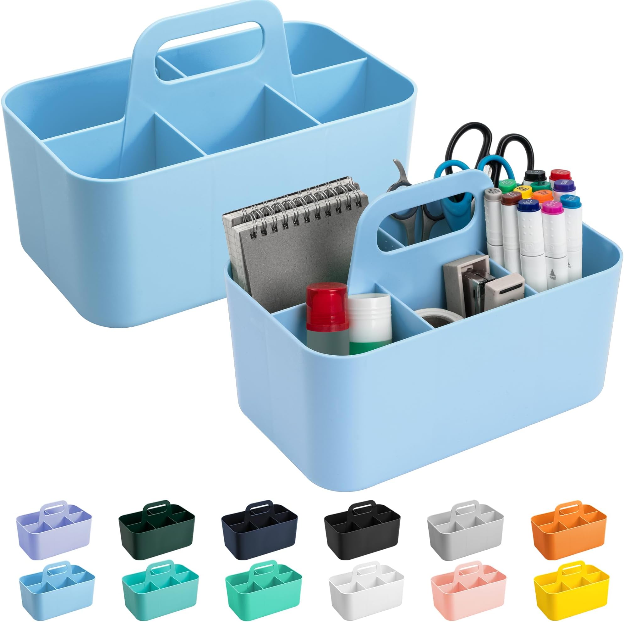 2 Pack Caddy Organizer with Handle, Portable Plastic Caddy, Storage Organization for Cleaning, Bath, Makeup, Art, Craft, Stationery, Classroom and Office, Tote Organizer