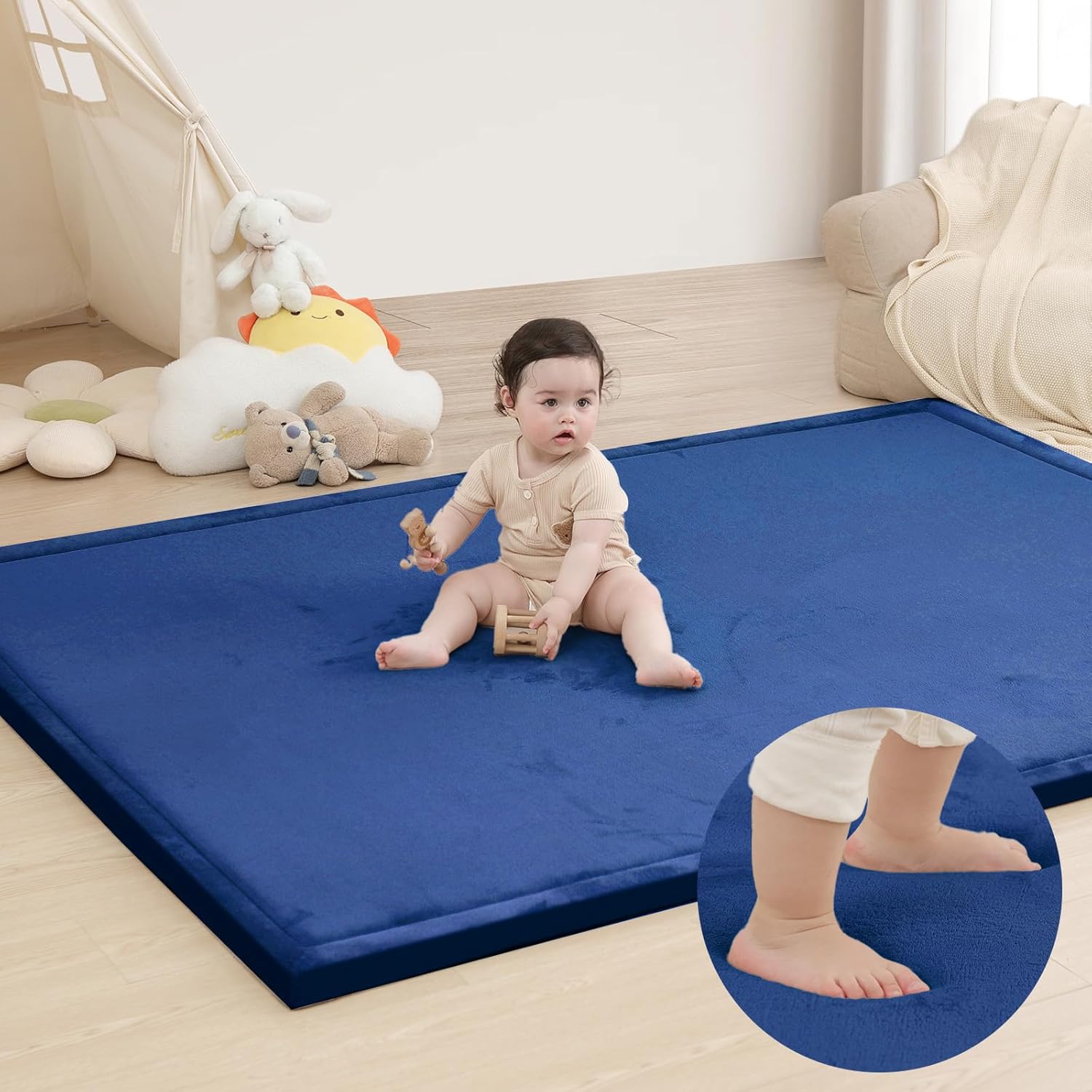 Baby Play Mat for Floor,1.3" Thick Memory foam Tummy Time Mat,Soft Coral Velvet Nursery Rug,Extra Large Non Slip Crawling Mats for Toddlers,Infants,kids,Yoga,Tatami Style for Living Room(Royal Blue)