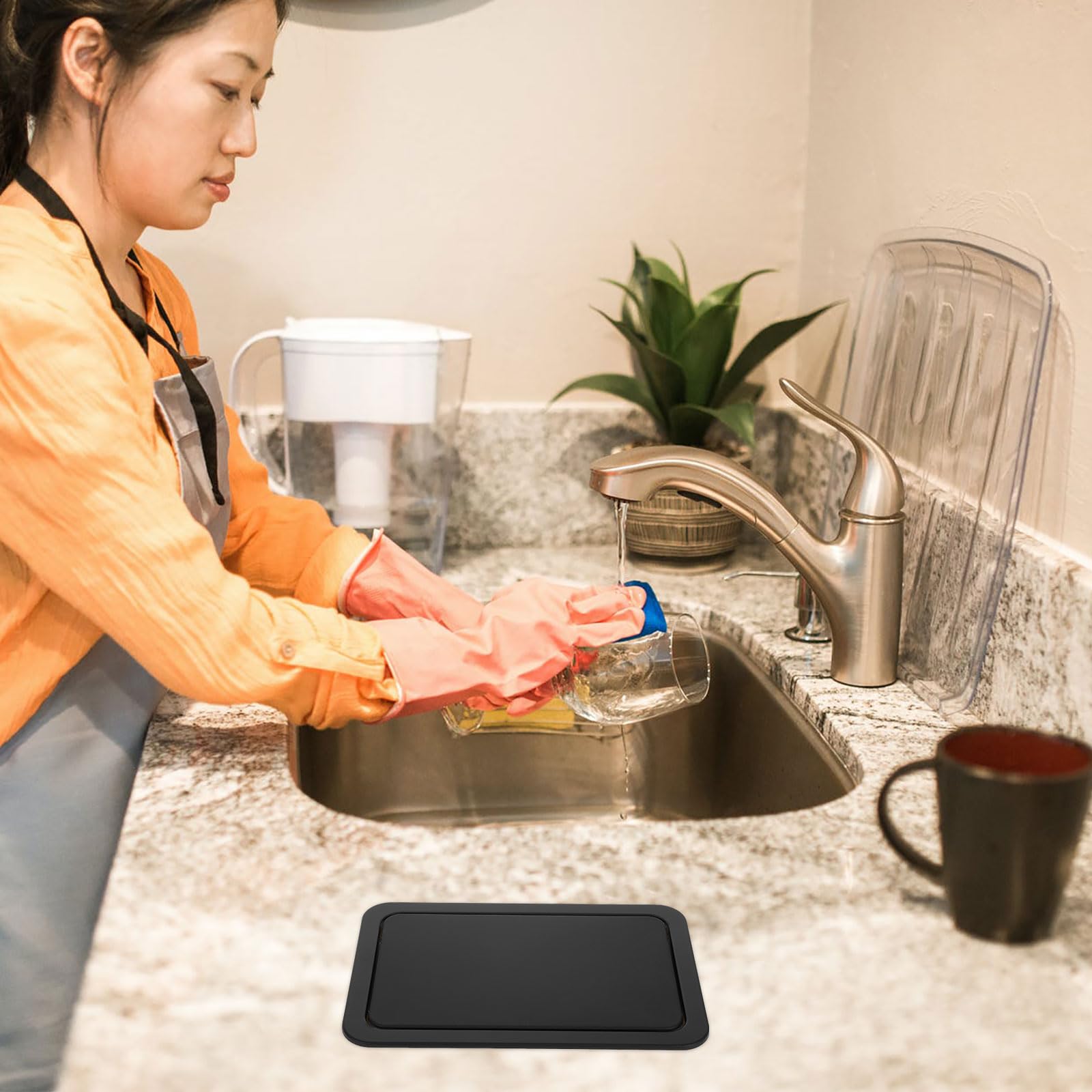 Tapa empotrada para cubo de basura para encimera, tapa rectangular de metal, tapa de cubo de basura de acero inoxidable con ojales, tapa de cubo de basura giratoria (negro)