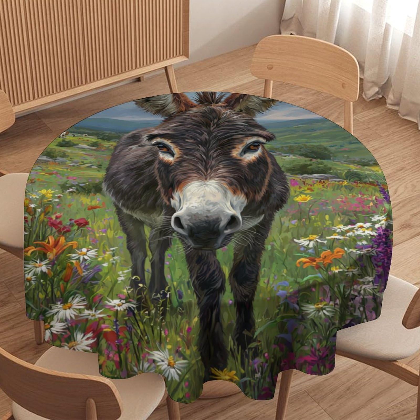 LUYYSKY Funny Realistic Donkey Waterproof Round Tablecloth Rustic Realistic Spring Fields Daisies Flowers Animal Donkeys Print Washable Table Cover for Kitchen-36 Wx36 L