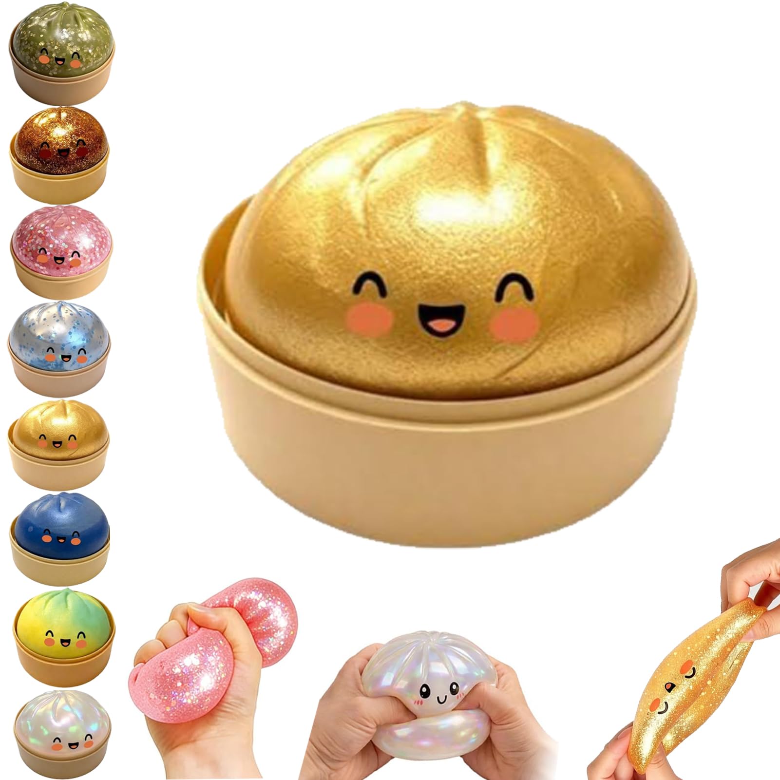 WENXUKHV Glitter Dumpling Squishy, Colorful Squishy Dumplings Toy with Steamer Box, Dumpling Stress Toy, Portable Decompression Sensory Toy, Sensory Stress Ball Squeeze Toys for Kids & Adults — image 1