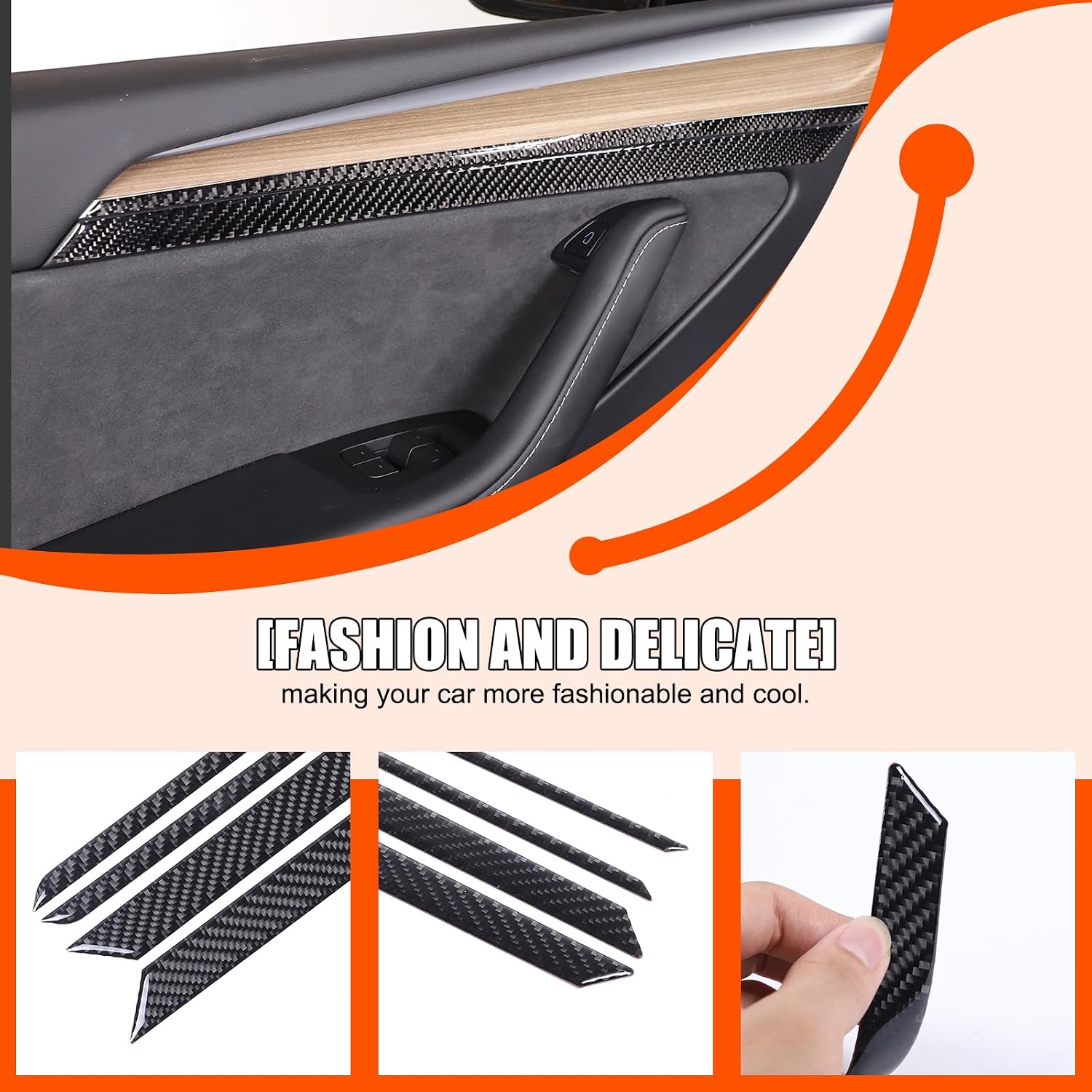 Fit for Tesla Model 3 Model Y 2016 2017 2018 2019 2020 2021 2022 Soft Carbon Fiber 3D Sticker Car Inner Front Door Panel Trim Stickers Car Accessories (4 pcs)