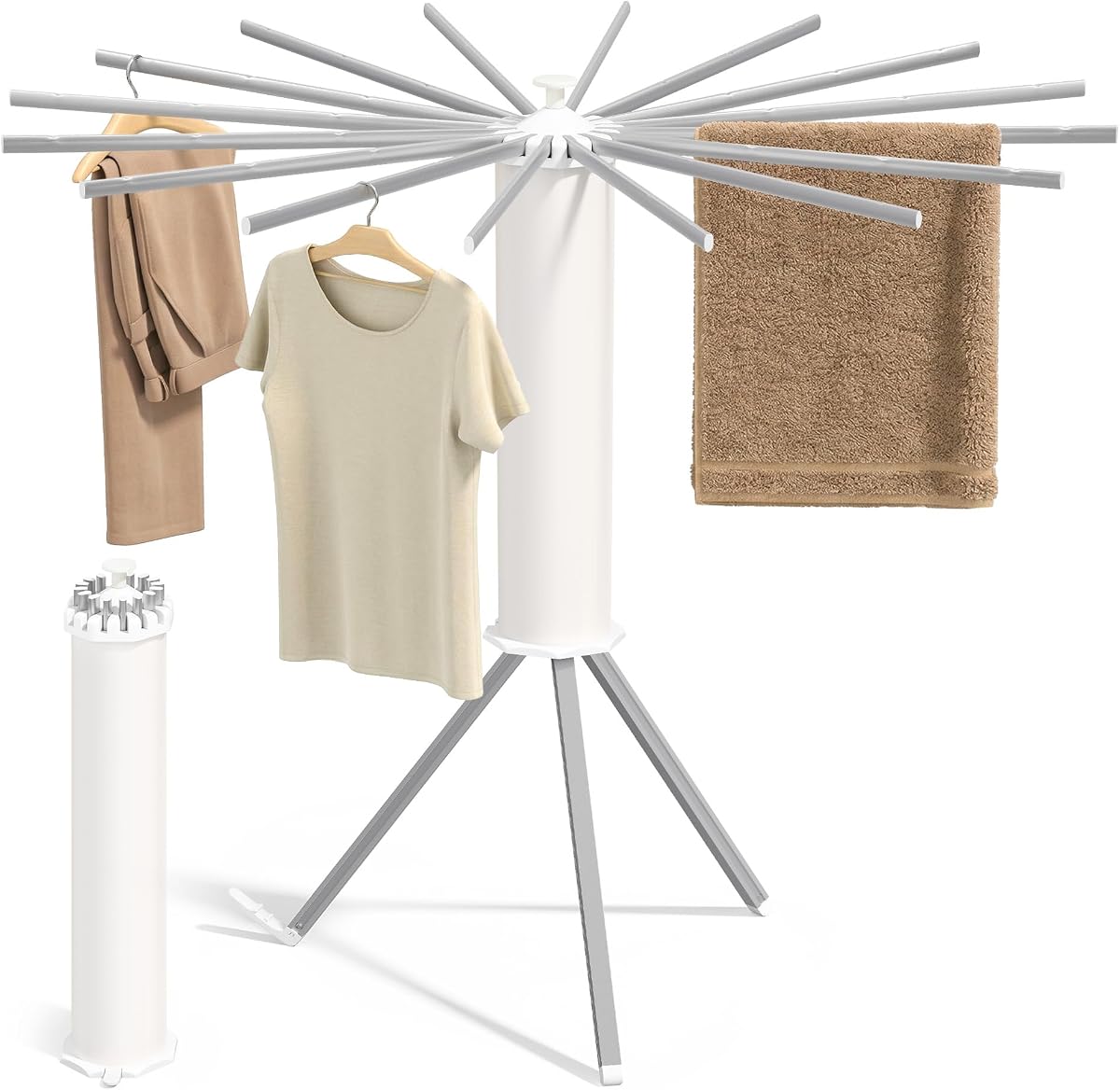 Clothes Drying Rack Foldable, Rotary Tripod Laundry Drying Rack, Rotatable Portable Floor Standing Clothes Airer, Laundry Room Balcony, 16 Pull-Out Aluminum Alloy Arms, Silver ULLR531EW01