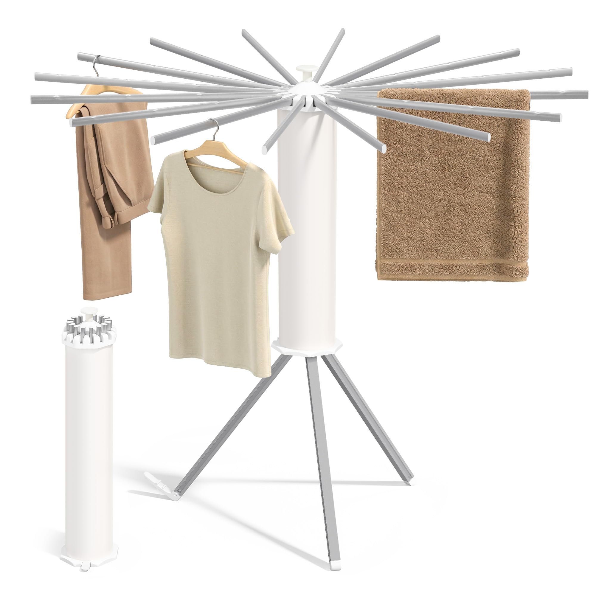 SONGMICS Drying Rack, Foldable Rotary Tripod, 16 Pull-Out Aluminum Arms