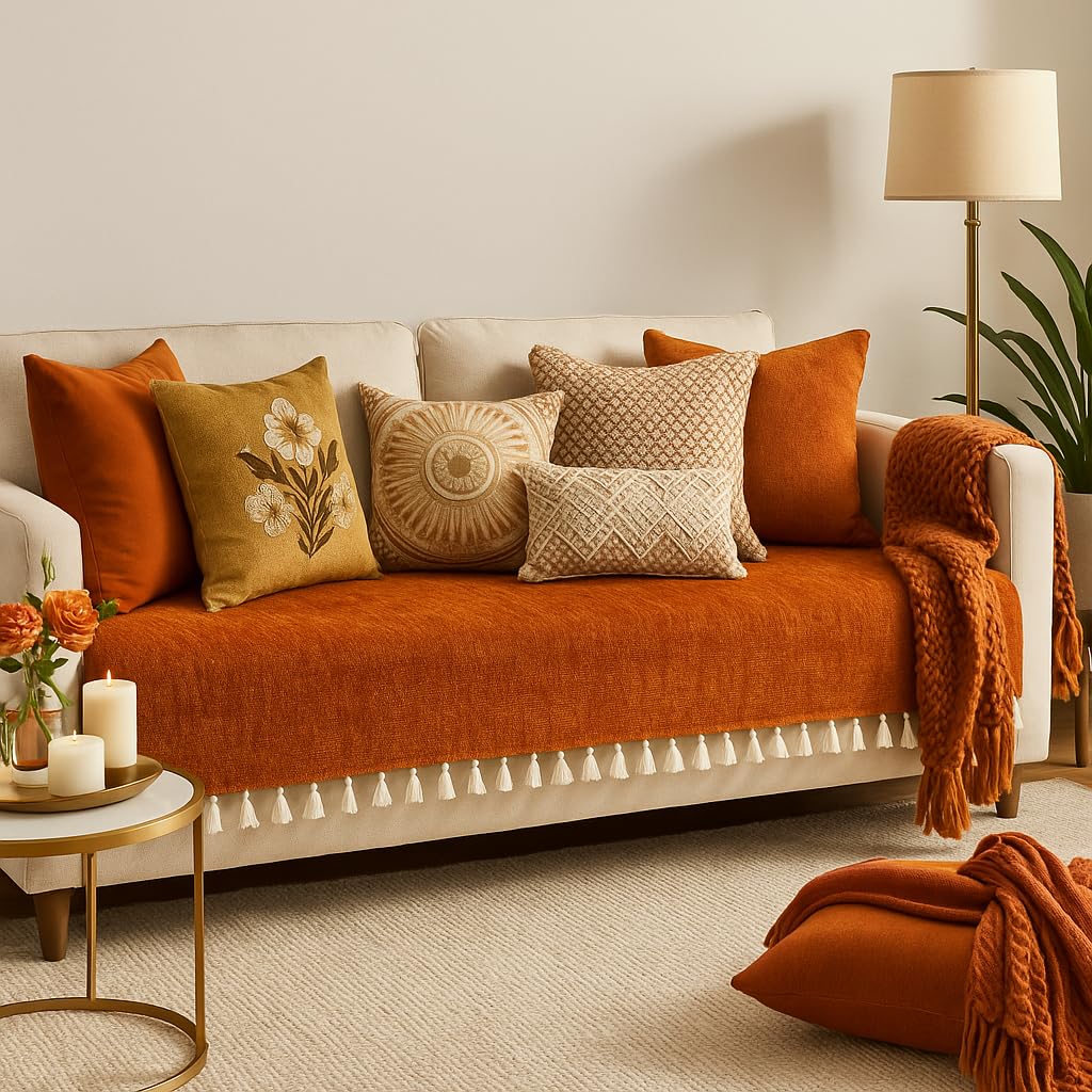WWW.THROWPILLOW.IN Orange Tassel Sofa Cover Set for 3+2+1 & L-Shaped Sofas | Boho Sofa Throw & Runner for 6-Seater Corner | Washable, Anti-Slip, Pet-Friendly | Diwali Living Room Decor-image-6