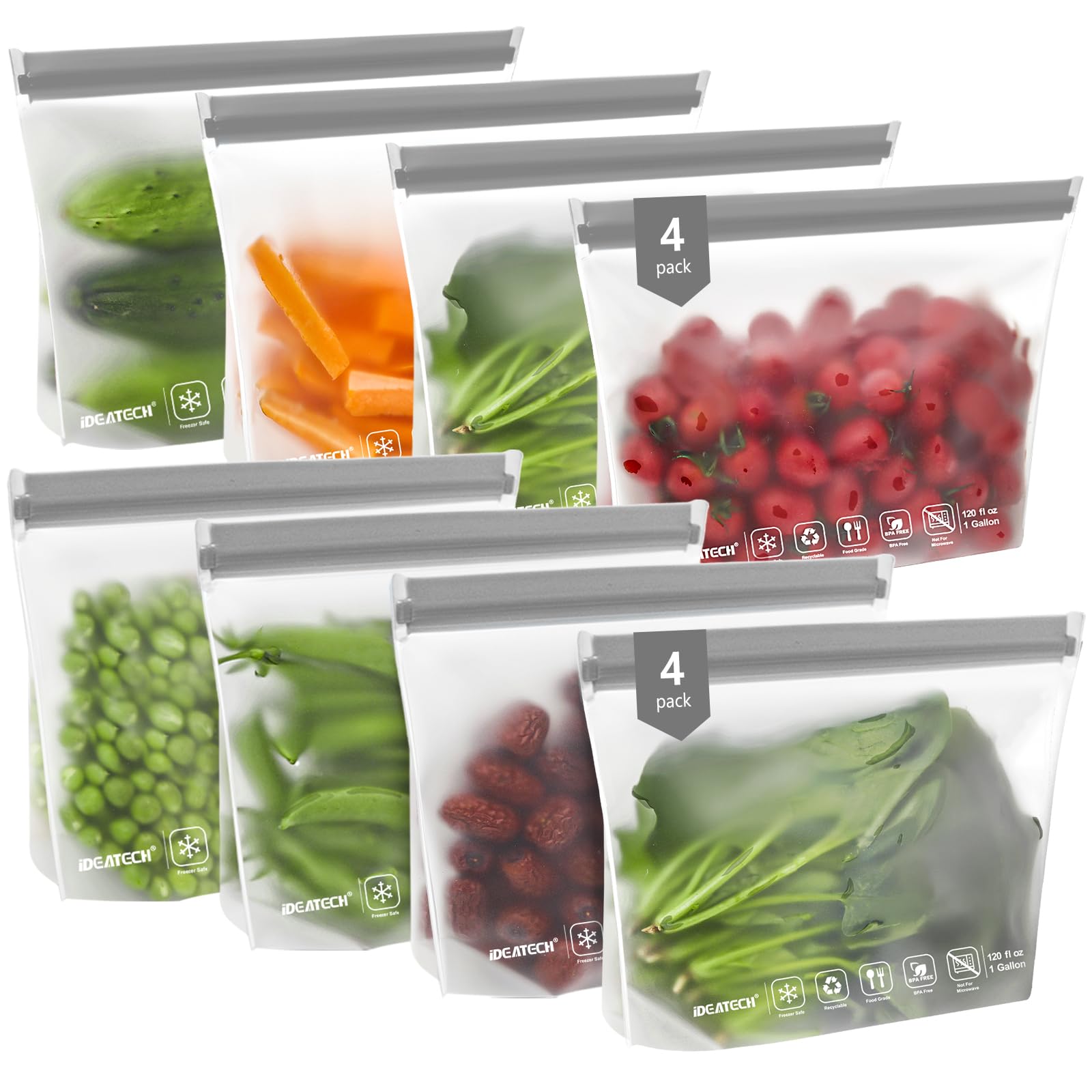 IDEATECH Gallon Freezer Food Containers, BPA Free PEVA Reusable Gallon Bags, Reusable Sandwich Bags, Reusable Baggies for Lunch, Travel Healthy Food (Grey, 8Pack-8Gallon)