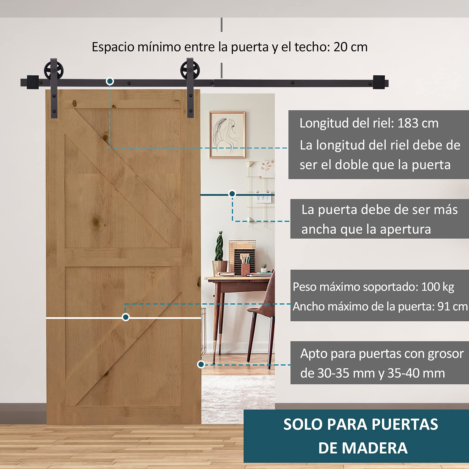 HOMCOM 6FT/183cm Herraje para Puerta Corredera Guía de Suelo Café Oscuro | Kit de Puerta Corrediza de Madera, Riel de Acero al Carbono
