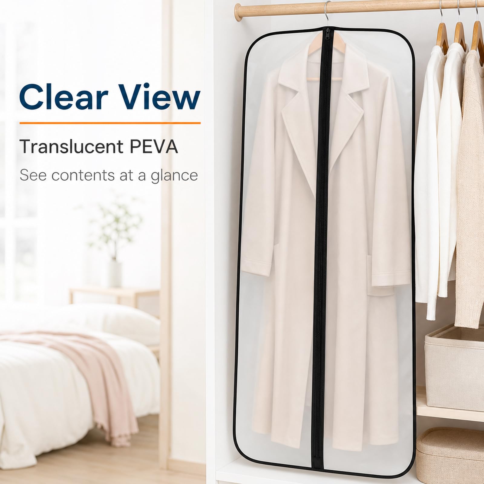 Protector de Ropa Larga Fundas de Ropa Transpirable Tela PVC Fundas Ropa Armario Fundas Ropa Armario Transparente con Cremallera Fuerte para Trajes,Vestidos,Camisas de Noche