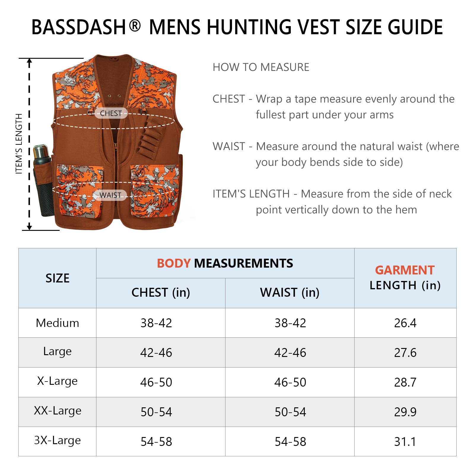 BASSDASH Upland FV11 - Gilet da caccia per uccelli, impermeabile, con tasche multiple, marrone/arancione, da uomo e donna