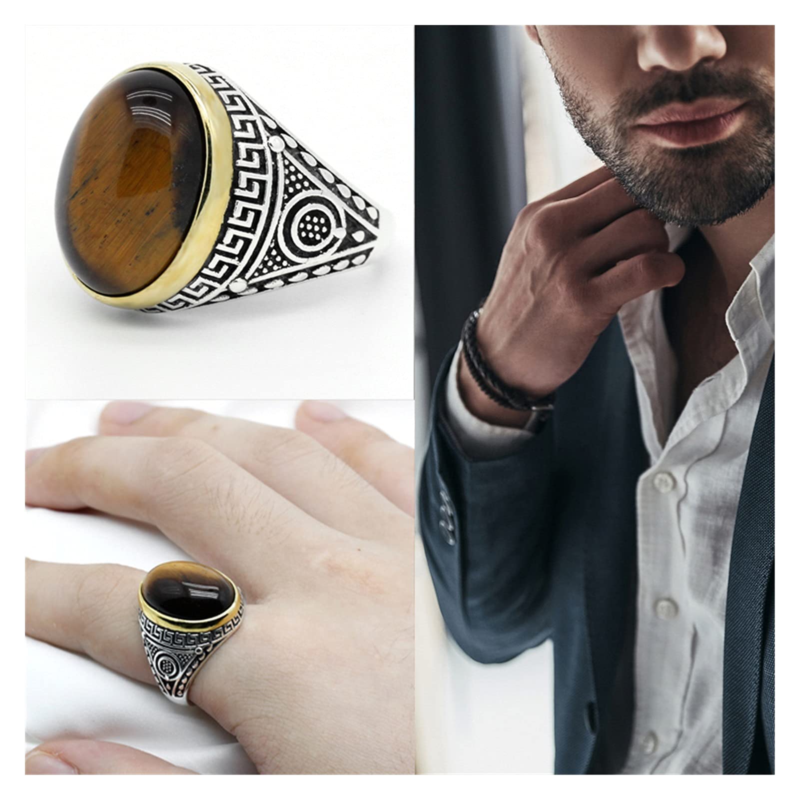 HMJGDHX Herrenringe, antiker Vintage-Ring mit natürlichem Tigerauge-Stein für Männer, großer ovaler Steinring aus 925er Silber für Männer, feiner Silberschmuck aus der Türkei