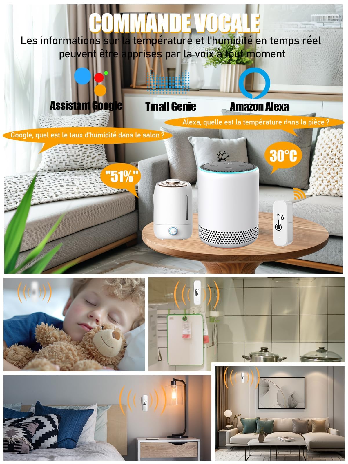 Thermomètre Hygromètre Wifi pour surveillance de la température et de l'humidité intérieure et extérieure, fonctionne avec l'application Smart Life/Tuya, compatible avec Google Home, Alexa, (4)