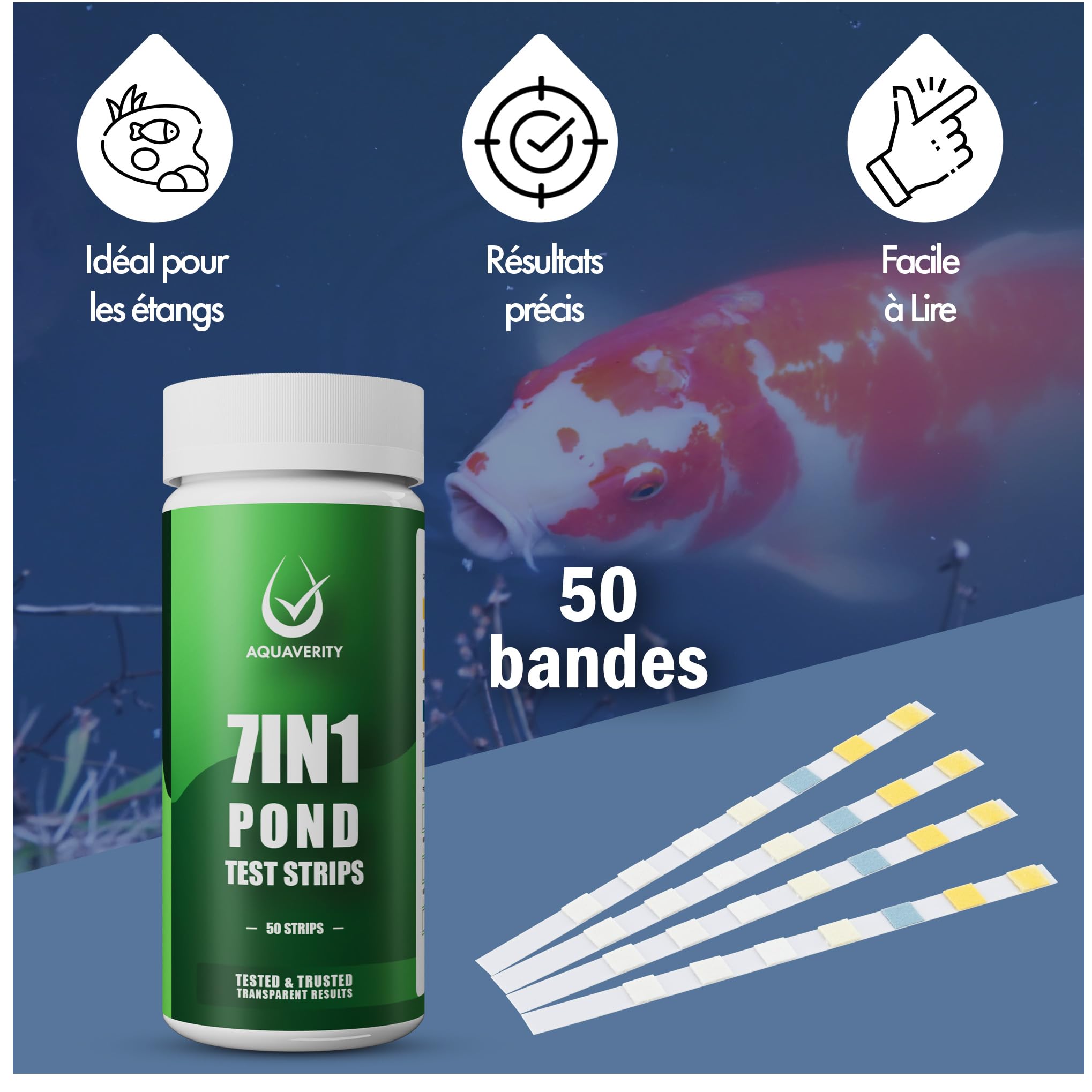 Bandelettes de test 7 en 1 pour bassin – Kit de test précis pour le pH, les nitrates, les nitrites, les carbonates, la dureté, le chlore total et libre – Pour bassins – 50 bandelettes