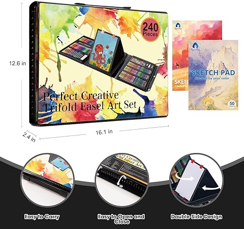 Miniatura 7 de Suministros de arte kit de arte de dibujo de 240 piezas estuche de regalo con caballete triple de doble cara incluye blocs de bocetos pasteles al