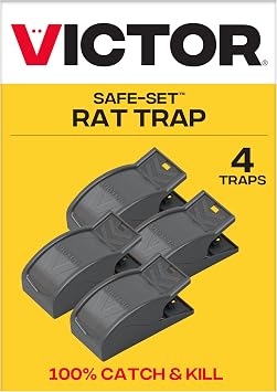 Victor Safe-Set Rat Trap, 4 Pack, Black, Easy to Set with One Click, Kills Rats , Safe Around Children and Pets, Reusable, Manual Power Source