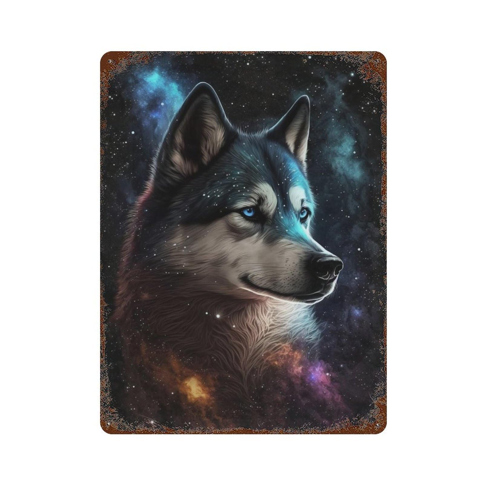 Garage Style Galactic Wolf Portrait-6 Aged Metal Wall Plaque 15.7"x11.8", Novelty Wall Decor for Bar And Workshop
