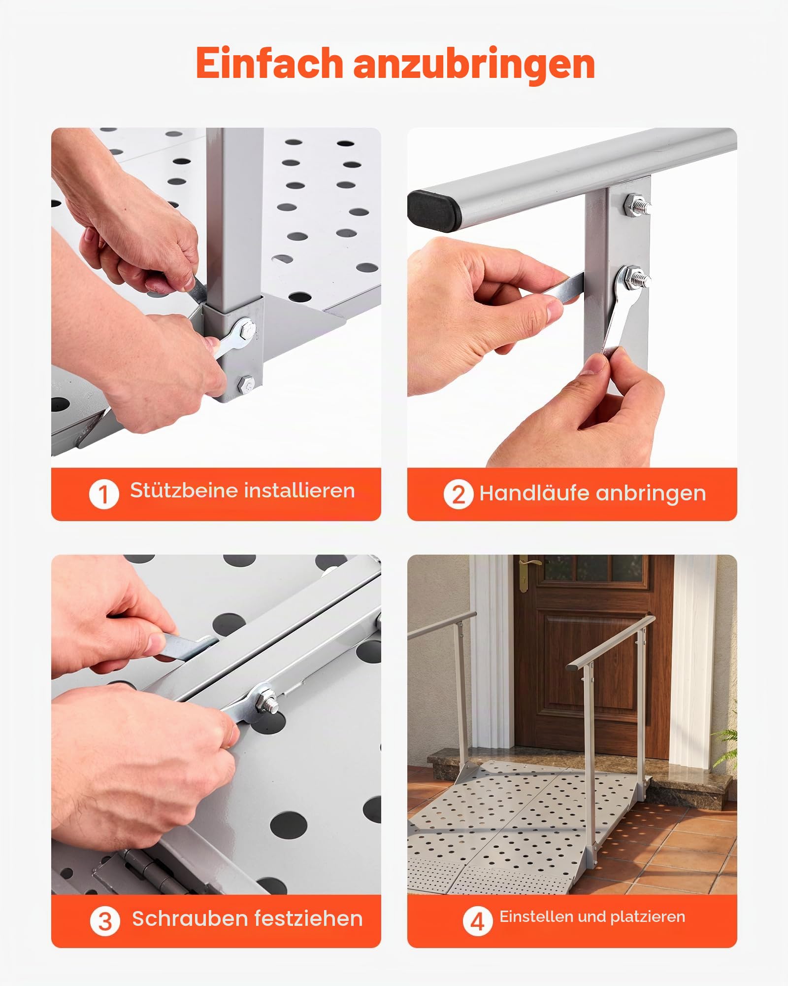 VEVOR Rollstuhlrampe mit Handläufen, 1140x850x705mm Schwellenrampe mit Max. 199,6kg Tragkraft, rutschfeste Auffahrschiene aus Metall, Tragbare Auffahrrampe für Scooter Türschwelle Bordsteine Treppen