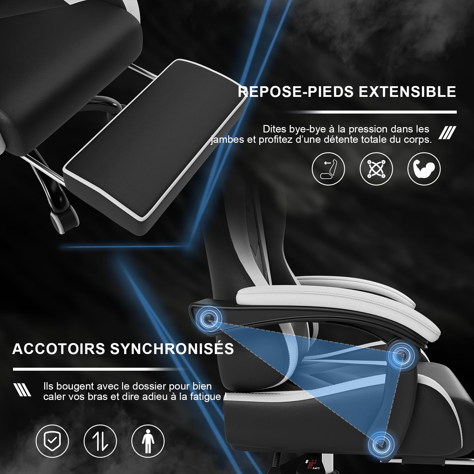 Devoko Chaise Gaming Ergonomique avec Massage Lombaire, Siège Gamer Inclinable 135°, Repose-Pieds, Appui-Tête Réglable, Fauteuil Gaming Adulte en Similicuir, Chaise Bureau Gaming Confortable, Blanc