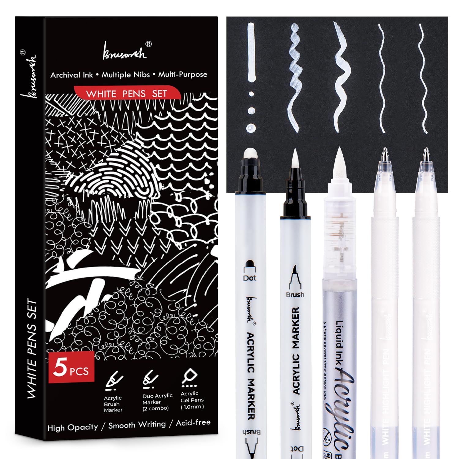 Amazon.com: Brusarth White Pens Set, 5 Pack, 1mm White Gel Pens