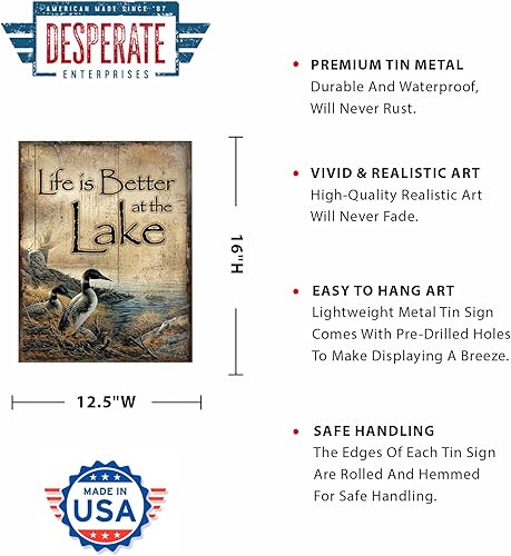 Miniatura 2 de Desperate Enterprises Life's Better at The Lake - Letrero de metal vintage nostálgico para pared, fabricado en Estados Unidos