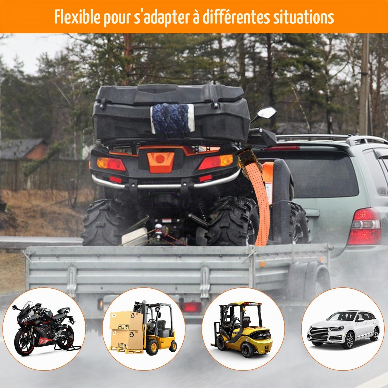 Lot de 2 Sangle a Cliquet 10m x 50 mm, Sangle a Cliquet 3000kg avec Crochet, Sangles D'arrimage Orange, Sangles à Cliquer pour Remorque, Moto, Voiture, Cargo