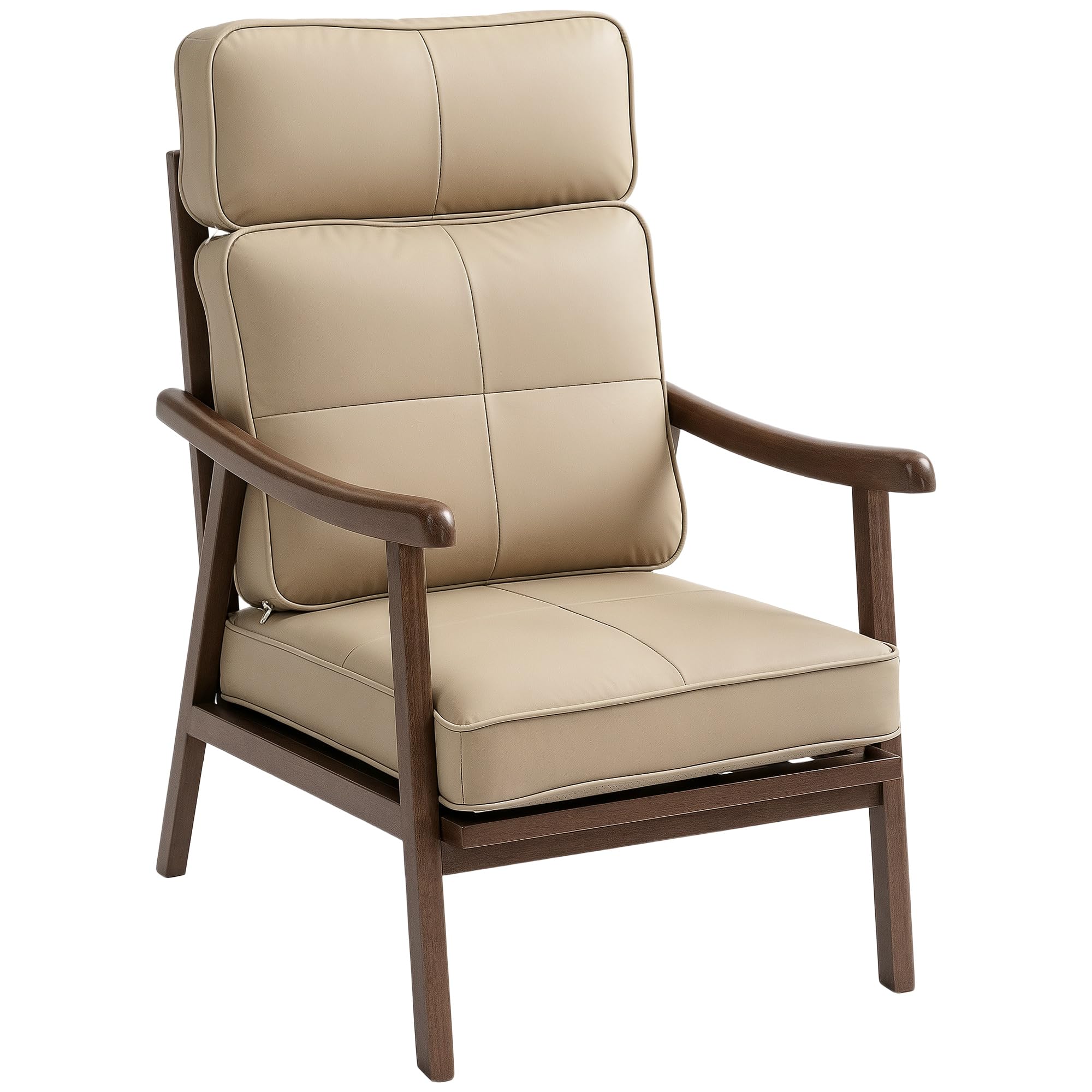 HOMCOM Butaca de Salón Sillón de Salón Tapizado en PU con Marco de Madera Cojines Acolchados Gruesos Respaldo Alto Carga 150 kg Sillón Lectura para Sala de Estar Dormitorio Caqui y Madera Nogal