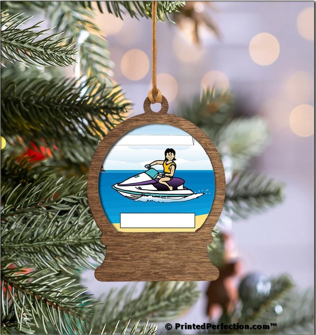 PrintedPerfection.com Personalized Jet Ski Rider - Female Wooden Snow Globe Shaped Christmas Ornament