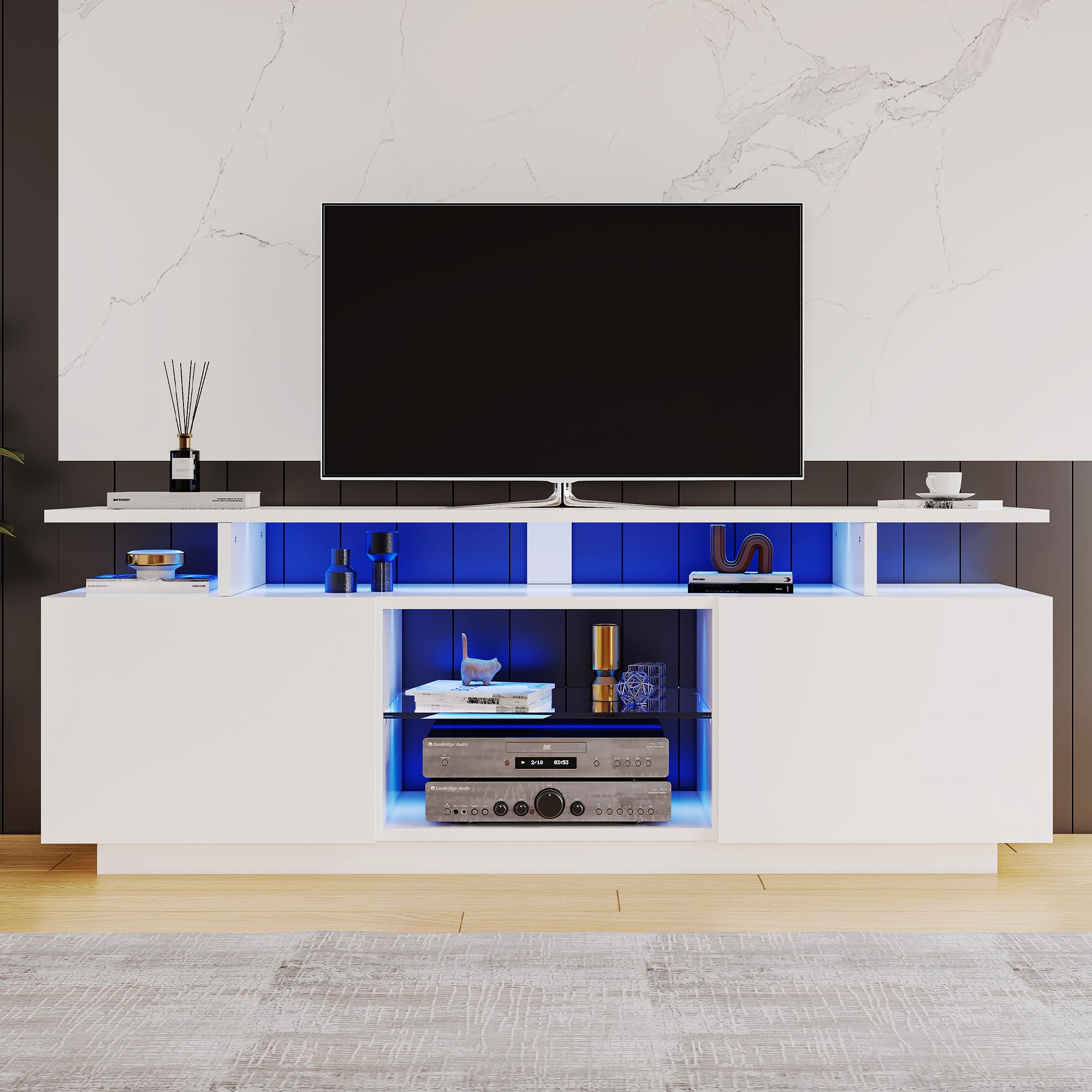 Mueble para TV con Puertas Brillo Y Luces LED Controladas por App Mesa De TV Funcional con Compartimentos Abiertos Y Almacenaje para Salon Moderno