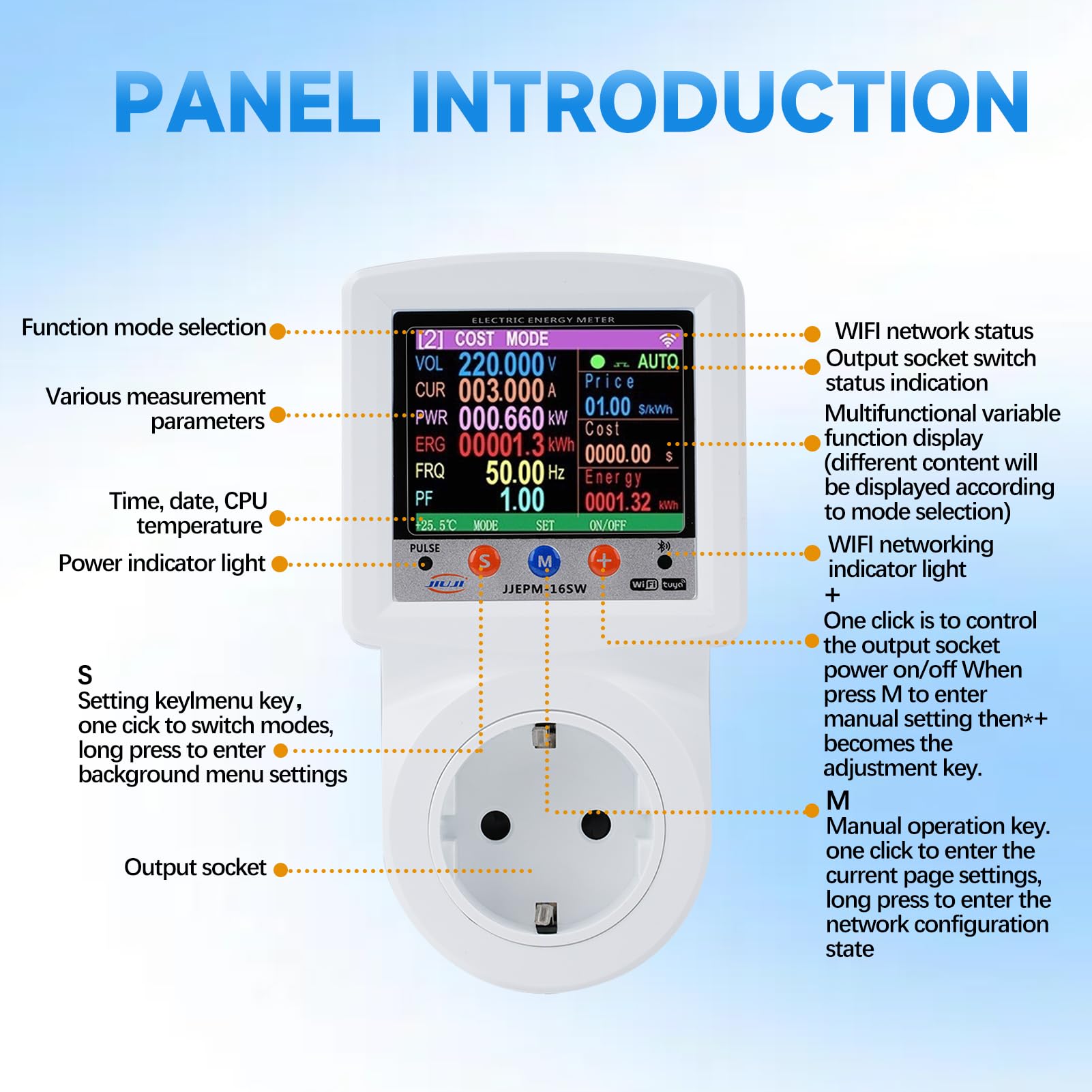 Jadeshay Wattmètre Prise Compteur d'Énergie WiFi Prise Consommation Electrique avec 8 Modes réglables, Écran LCD, Protection de Tension et de Courant 16A 230VAC, Contrôle Tuya APP
