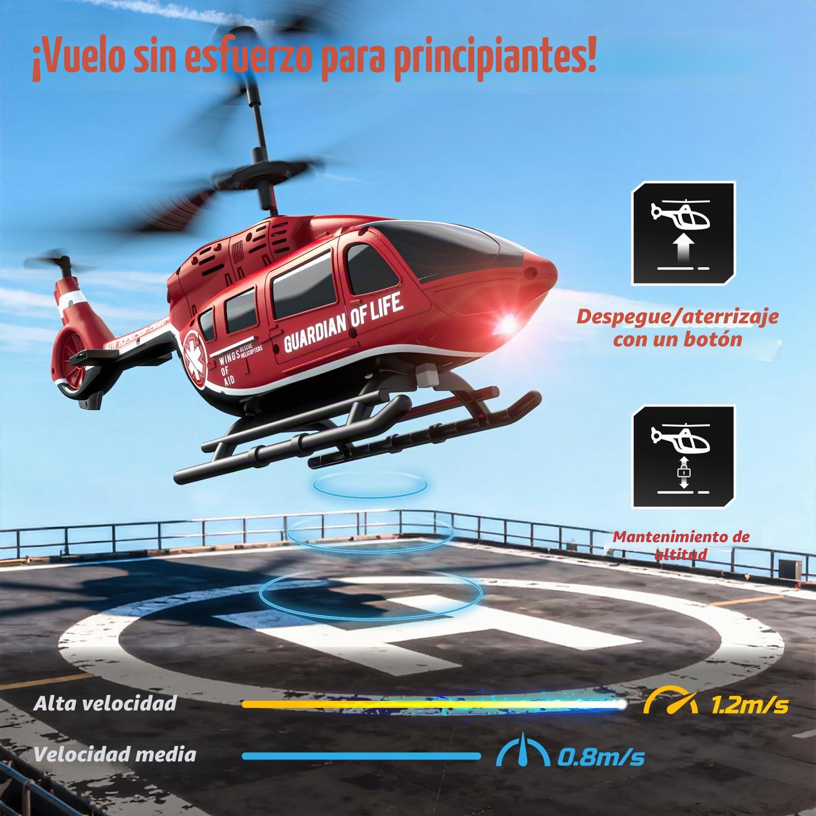 DEERC helicóptero mando a distancia, RC militar de rescate con luces LED, 2 baterías recargables, mantenimiento de altitud, control estable 2.4GHz, juguete telecontrolado ideal para niños y adultos