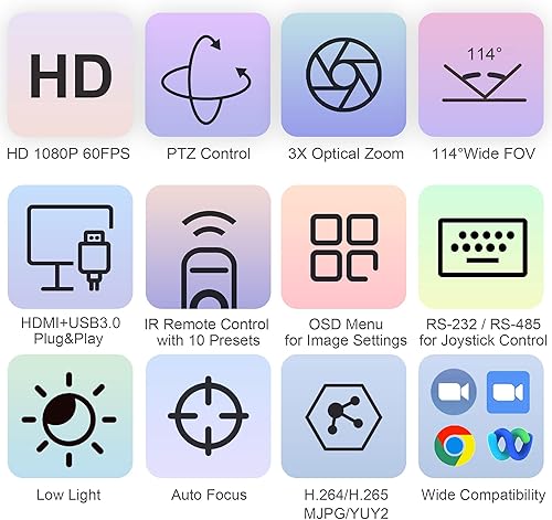 Miniatura 3 de Cámara PTZ con zoom óptico 3X 1080P 60fps USB 3.0 114 grados gran angular para videoconferencias reuniones de negocios transmisión en vivo en línea