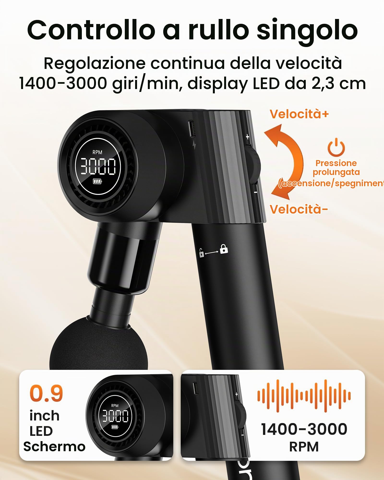 Pistola Massaggio Pieghevole NAPRE: Manico Estensibile & 5 Angoli, Massaggio Schiena/Tessuti Profondi per Dolori, Percussione, 32 Velocità, 6 Testine Silenziosa con Custodia