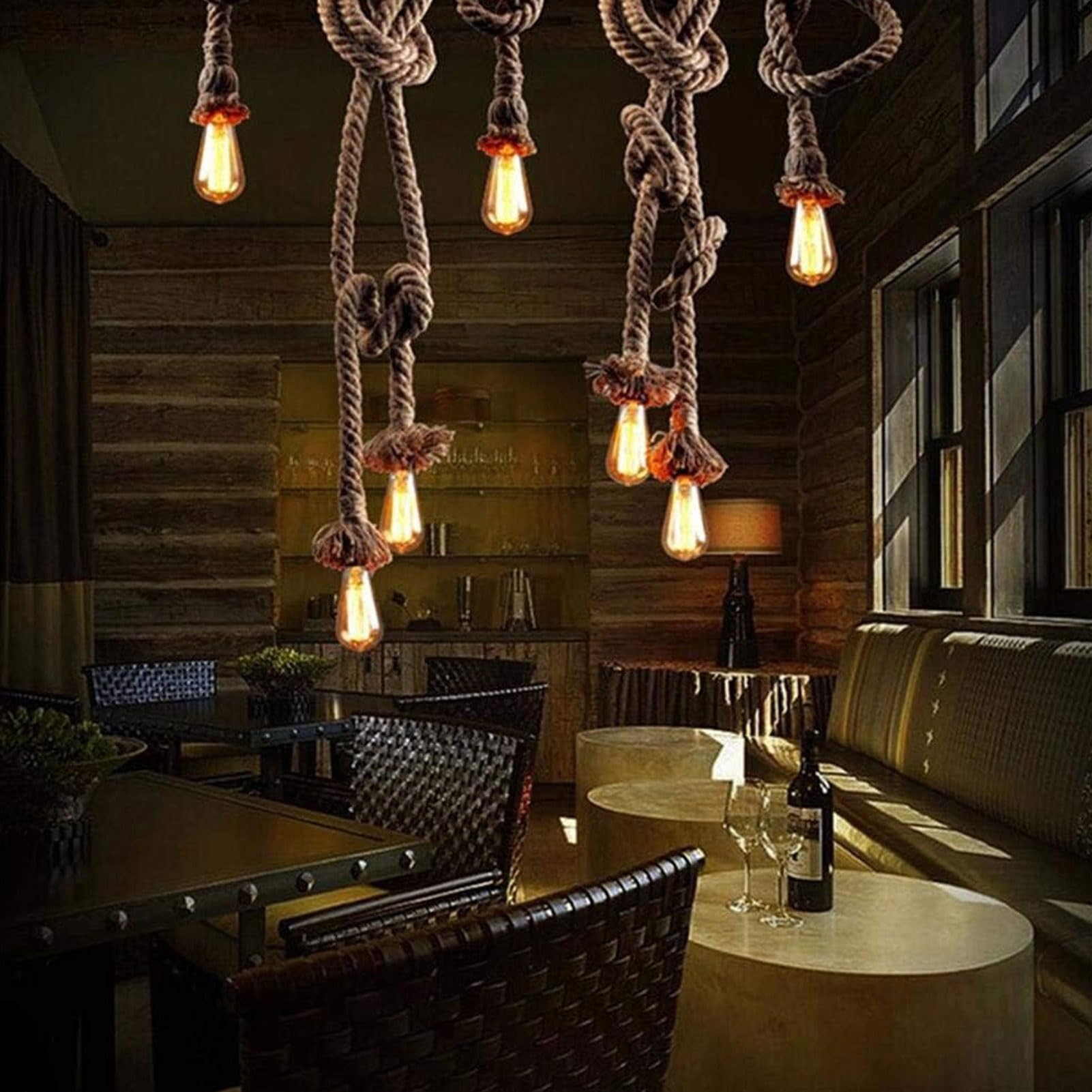 Lámpara Colgante Cuerda de Cáñamo Vintage, 3 Cabezas Cable de Luz Colgante de 6.6 Pies, Casquillo E26 E27 Accesorio de Iluminación Colgante para Restaurante Bar Granja Lámpara