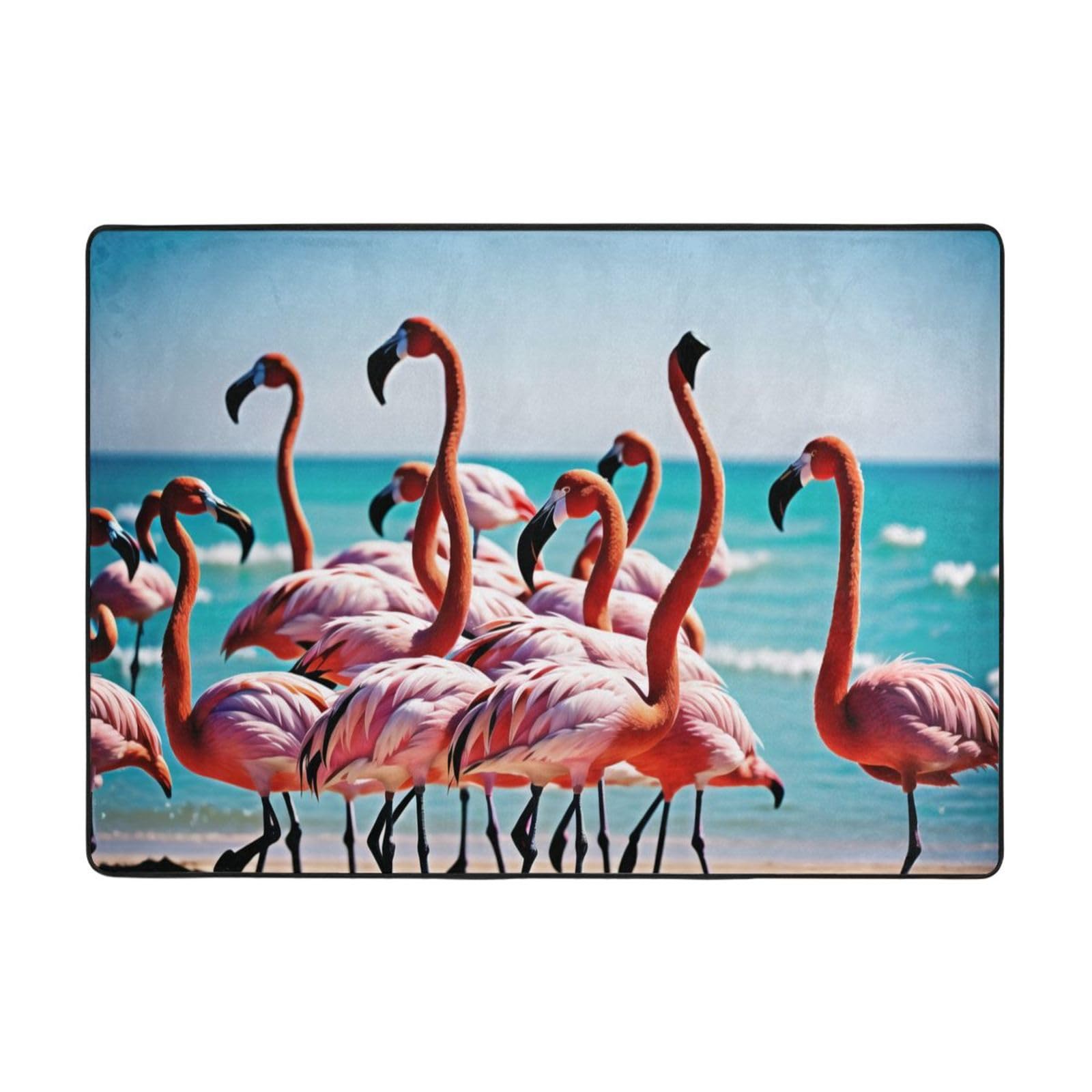 Flamingos On The Beach Print Living Room Anti Slip and Absorbent Carpet, Indoor Bedroom Bed Floor Mat, Ultra Soft Washable Carpet 80x58 in