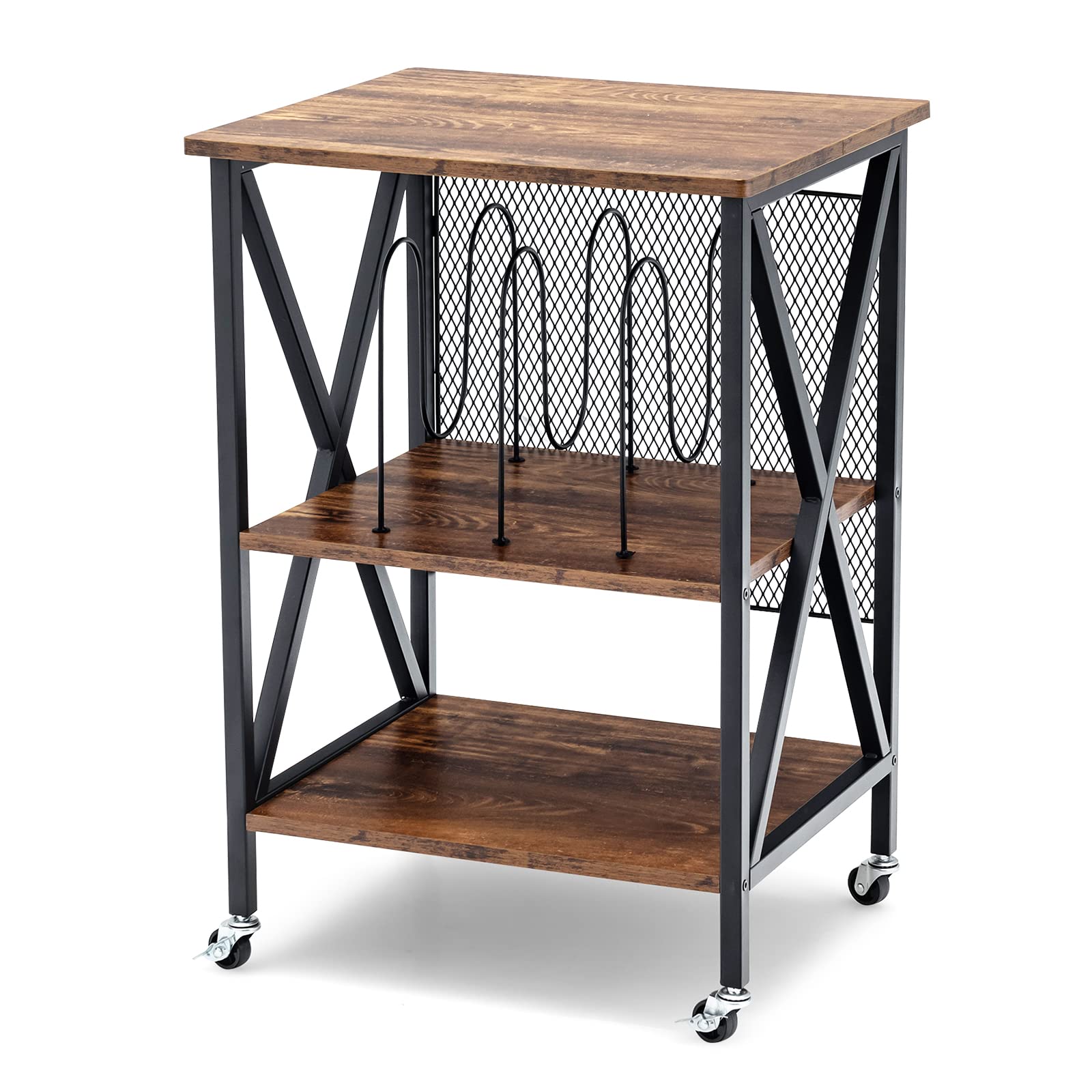 KOMFOTTEU Mueble para Tocadiscos con 4 Ruedas, Mesa para Tocadiscos de 3 Niveles con 3 Divisores, Soporte para Discos de Vinilo para 120 Álbumes, para Oficina, Salón (Marrón, sin Estación de Carga)