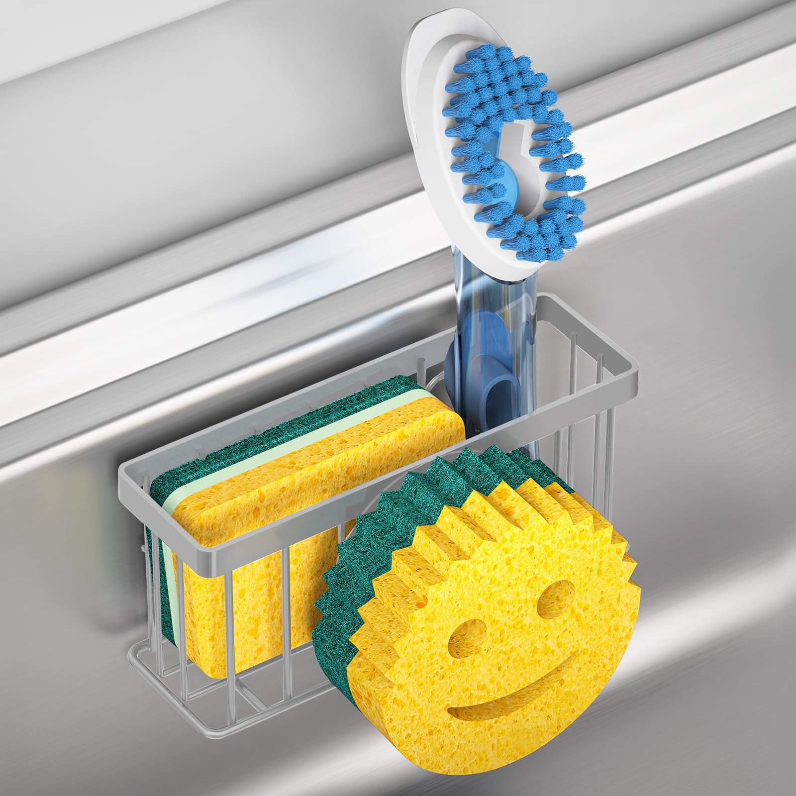 Soporte de esponja con cara sonriente, organizador de fregadero para fregadero de cocina, organizador de fregadero con 2 ventosas/