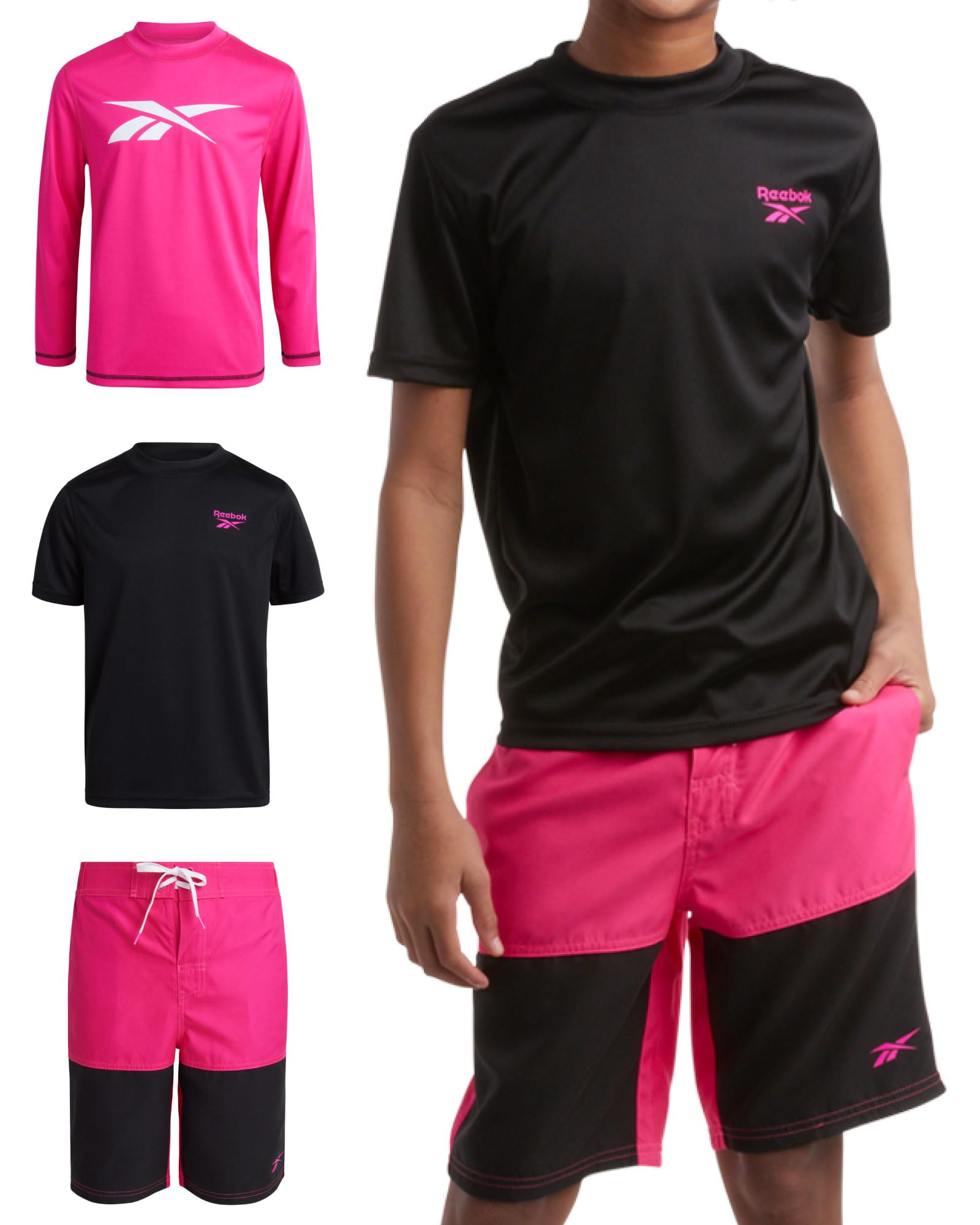 Reebok Boys' Rashguard Set - 3 Piece UPF 50+ Long Sleeve and Short Sleeve Swim Shirts and Bathing Suit Boardshorts (8-20)
