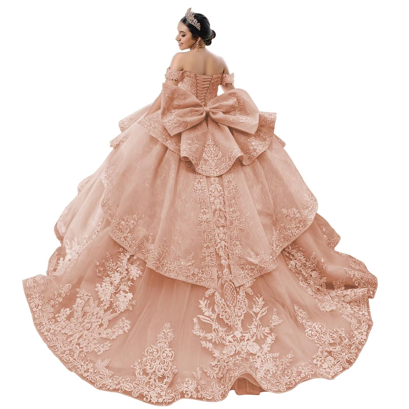 Mouccy Lace Quinceanera Dresses Ball Gown Puffy Beaded Sweet 16 Dresses with Ruffles Off Shoulder Pageant Dresses with Bow