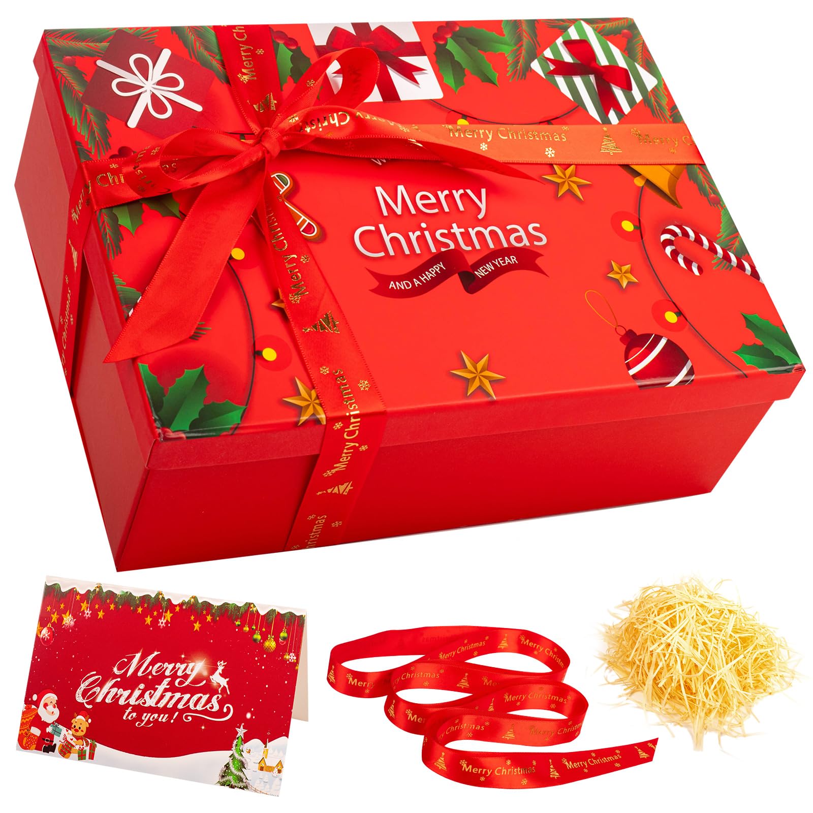 Medium/Large Christmas Eve Box 29x21x10.5cm Christmas Boxes for Gift Thick Luxury Xmas Gift Boxes for Presents with Lids Ribbon Card, Foldable Red Xmas Eve Box for Gifts Kids Adults