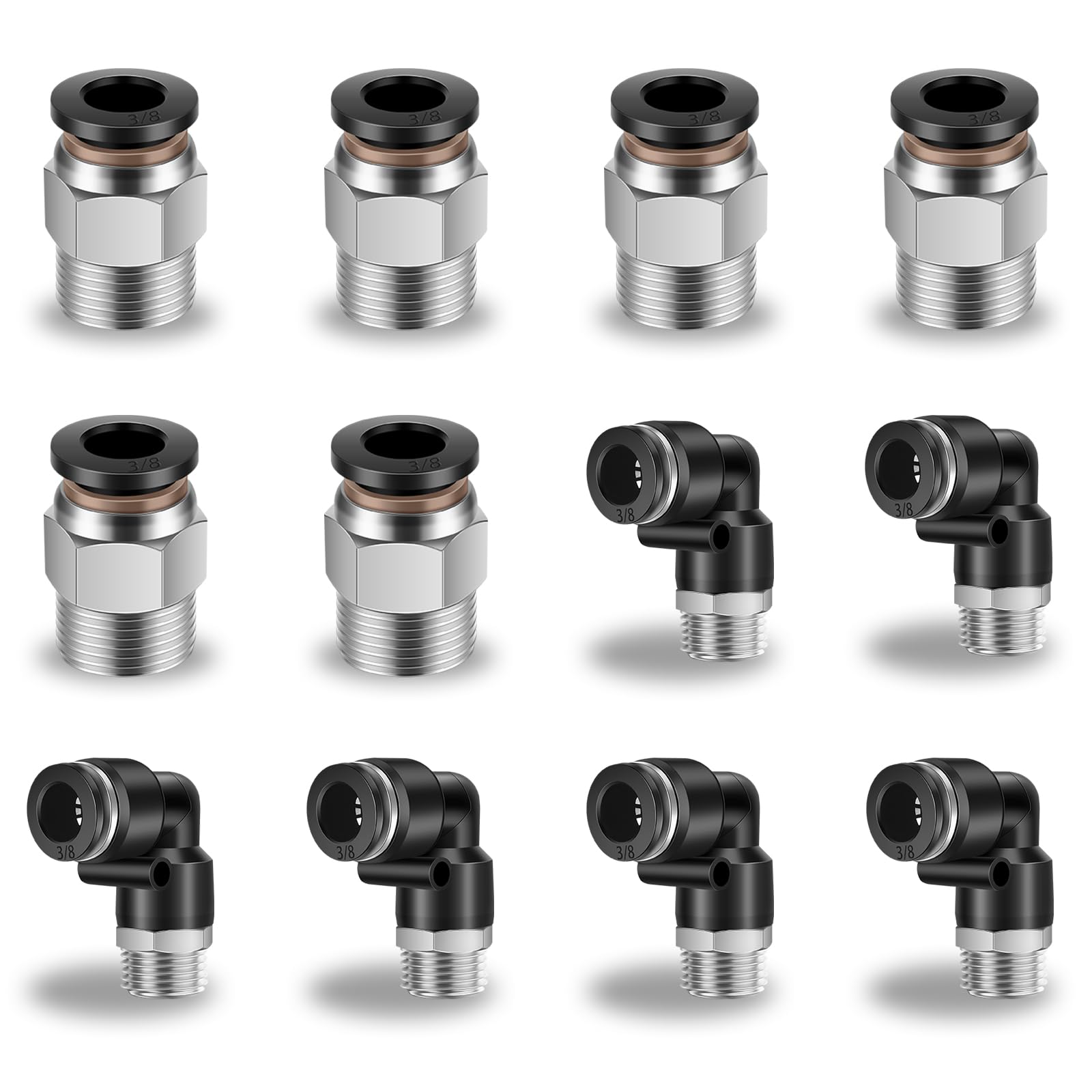 CNAODUN 12 Pcs Push to Connect Fittings 3/8 Inch Tube OD x 3/8 Inch NPT Thread Pneumatic Male Straight and Elbow Quick Connect Air line fittings