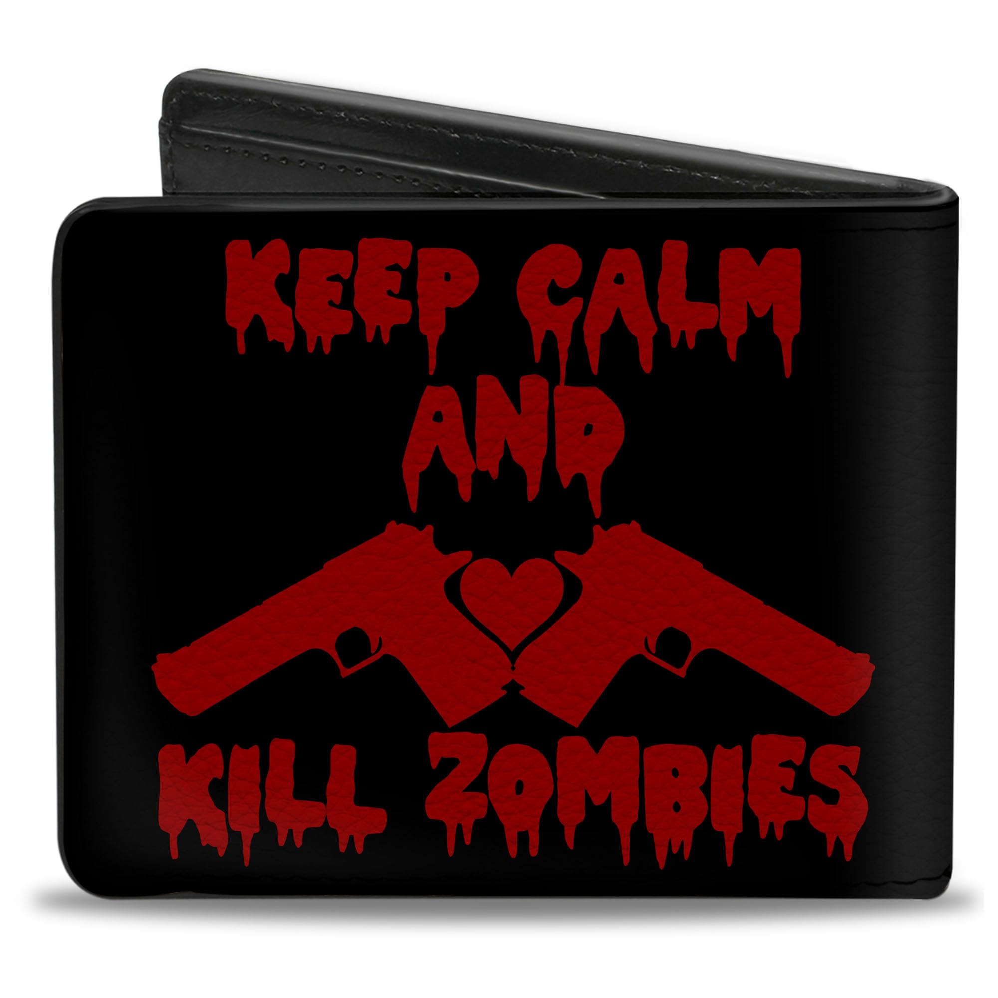 Buckle-Down Men's Standard Wallet, Bifold, Keep Calm and Kill Zombies Guns Heart Black Red, Vegan Leather, 4.0