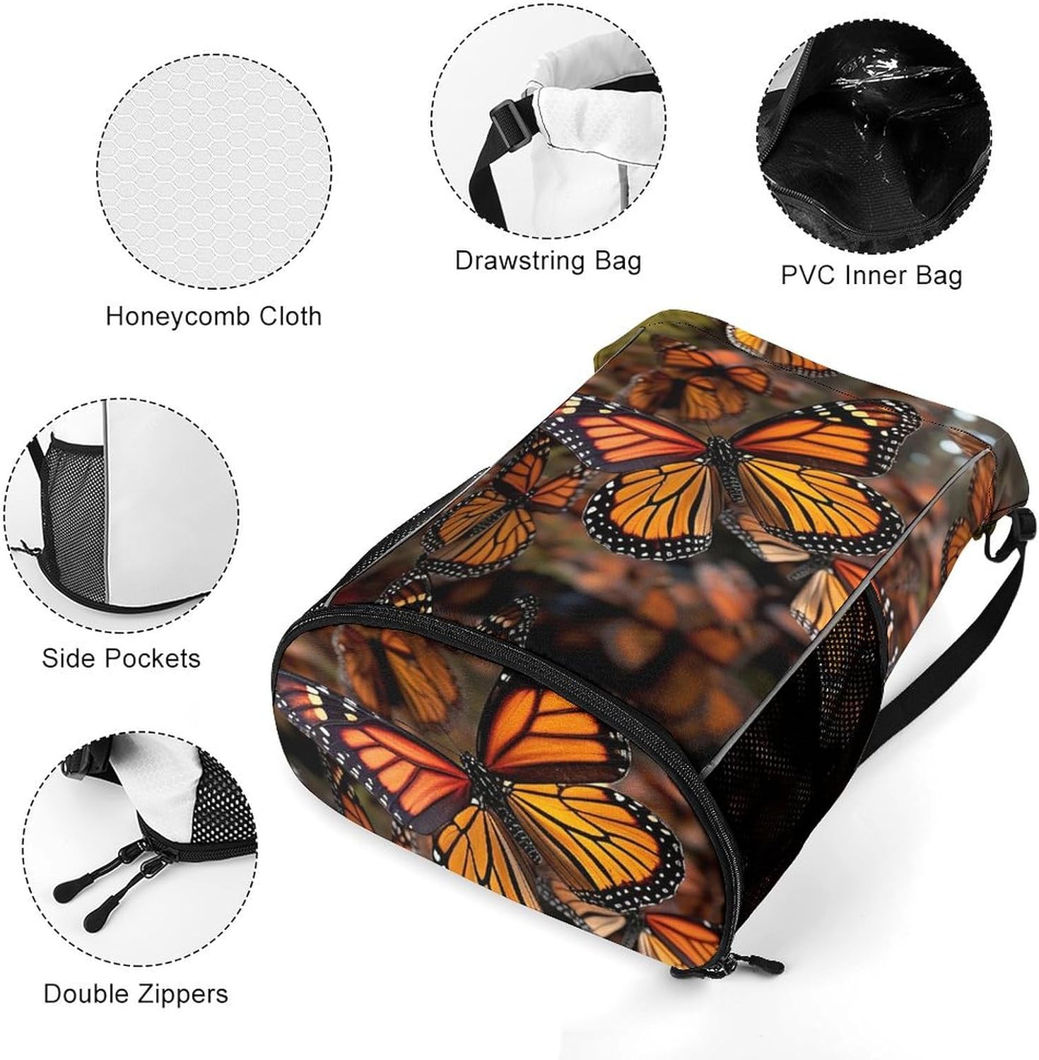 Fitness Drawstring Backpack Waterproof Gym Bag Monarch Butterflies Lightweight Dry And Wet Separation Swim Bag